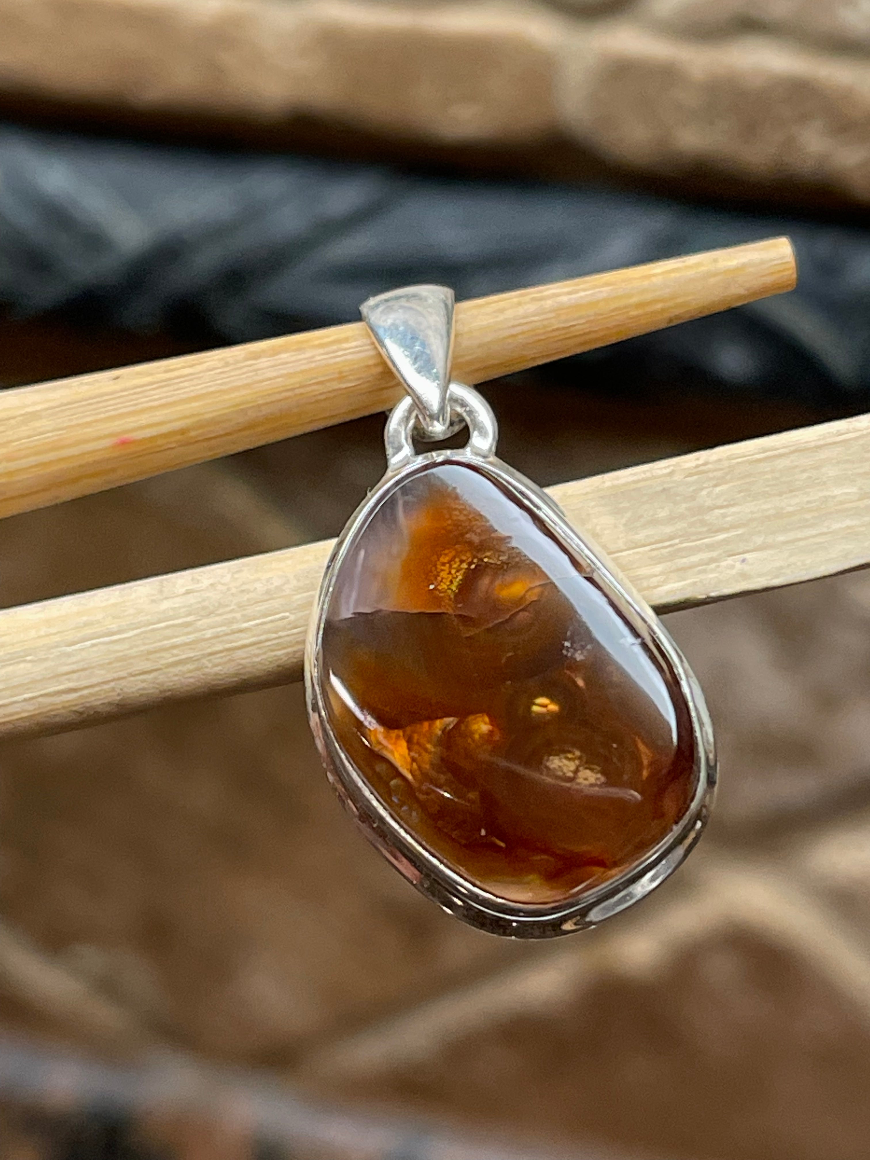 Genuine Mexican Fire Agate 925 Solid Sterling Silver Pendant 30mm - Natural Rocks by Kala