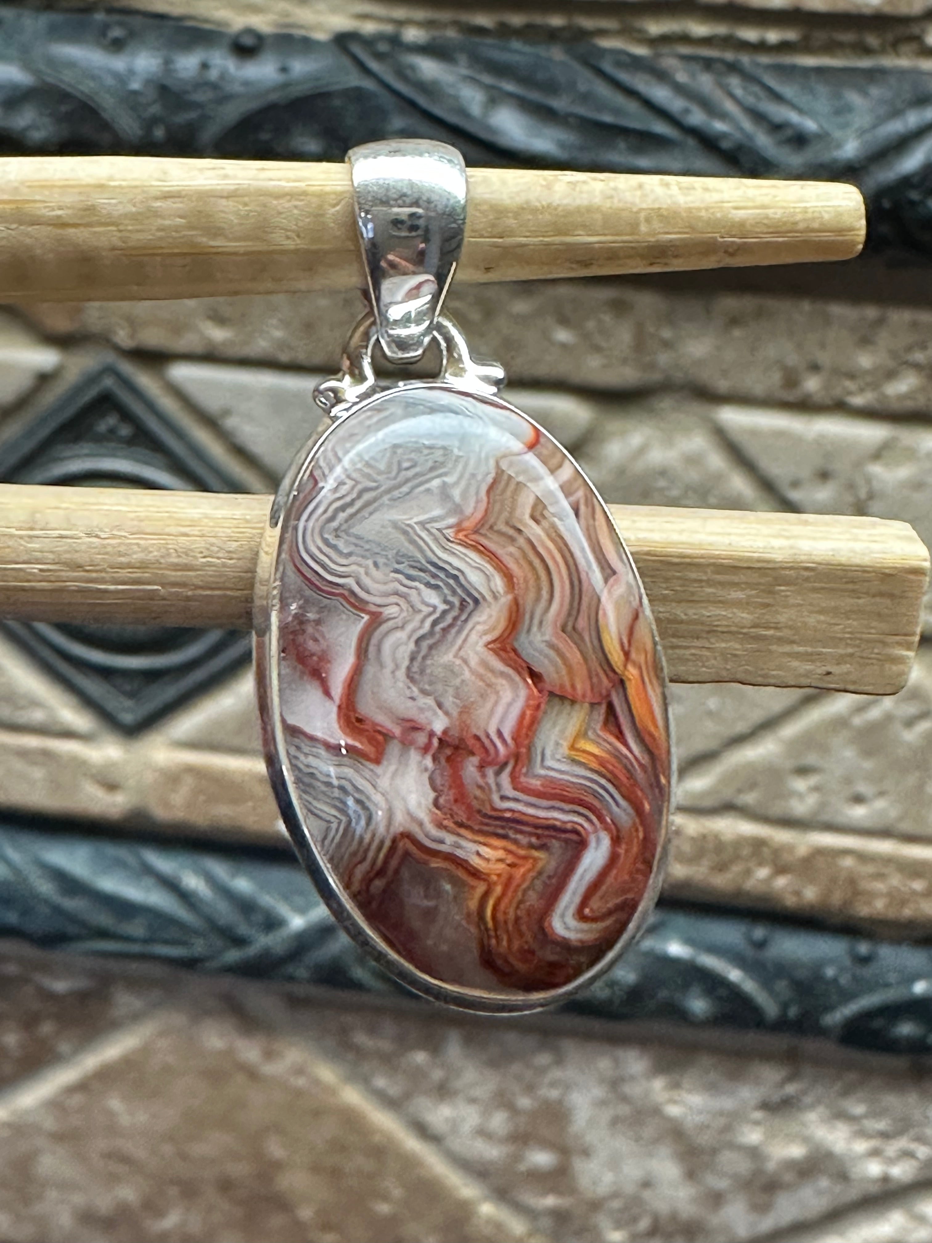 Natural Laguna Lace agate 925 Solid Sterling Silver Pendant 40mm