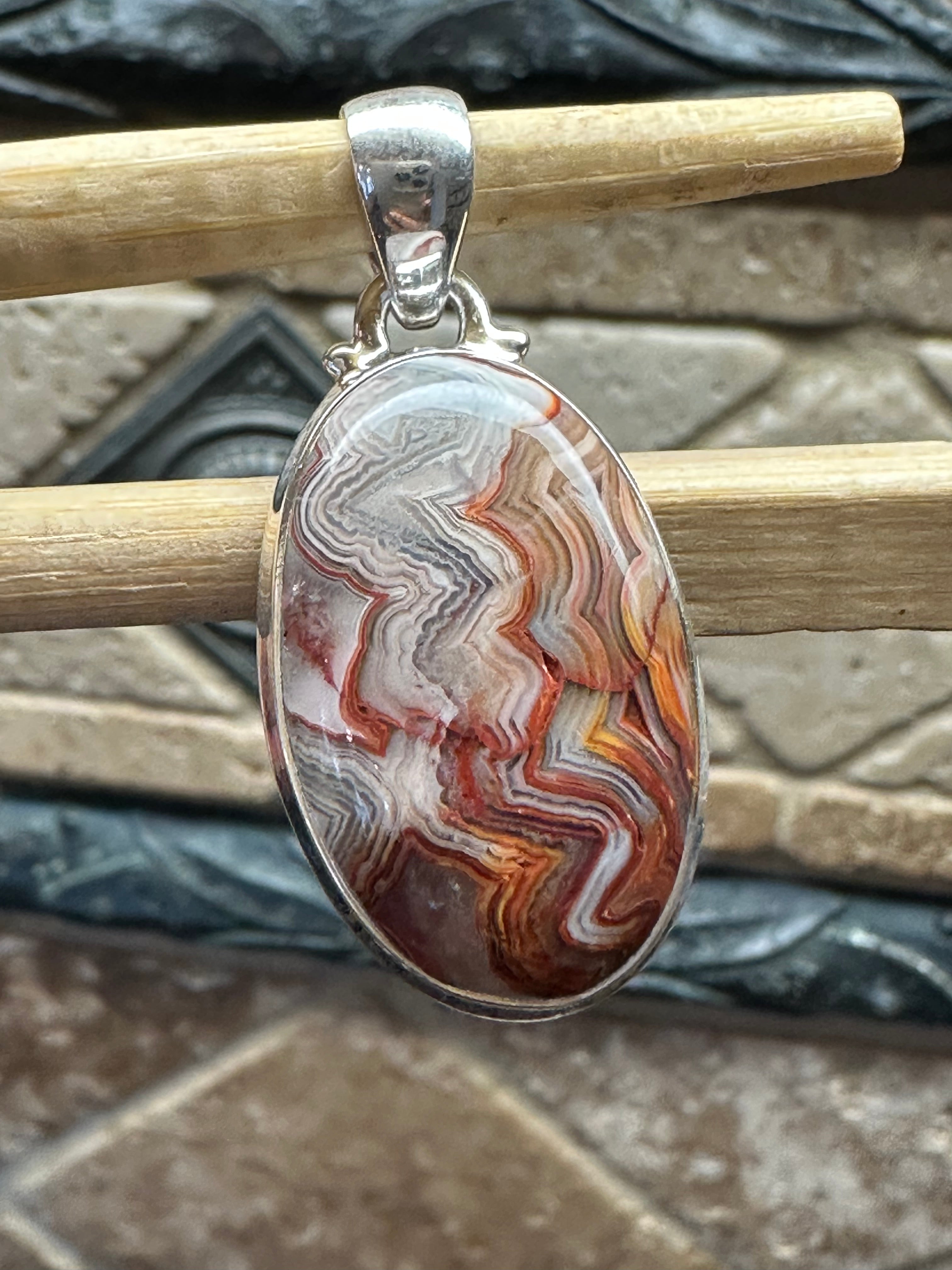 Natural Laguna Lace agate 925 Solid Sterling Silver Pendant 40mm - Natural Rocks by Kala