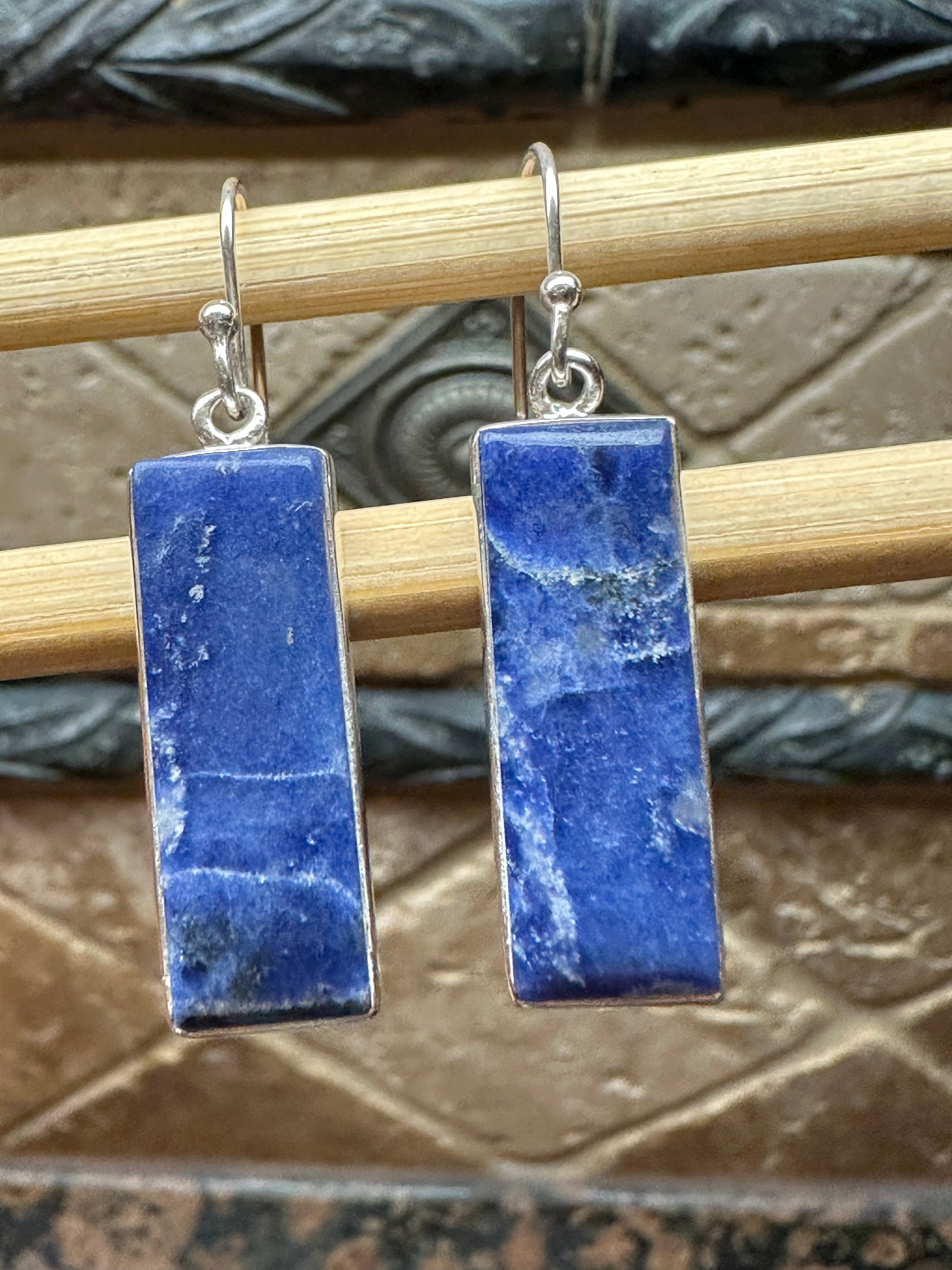 Genuine Blue Sodalite 925 Solid Sterling Silver Earrings 40mm - Natural Rocks by Kala