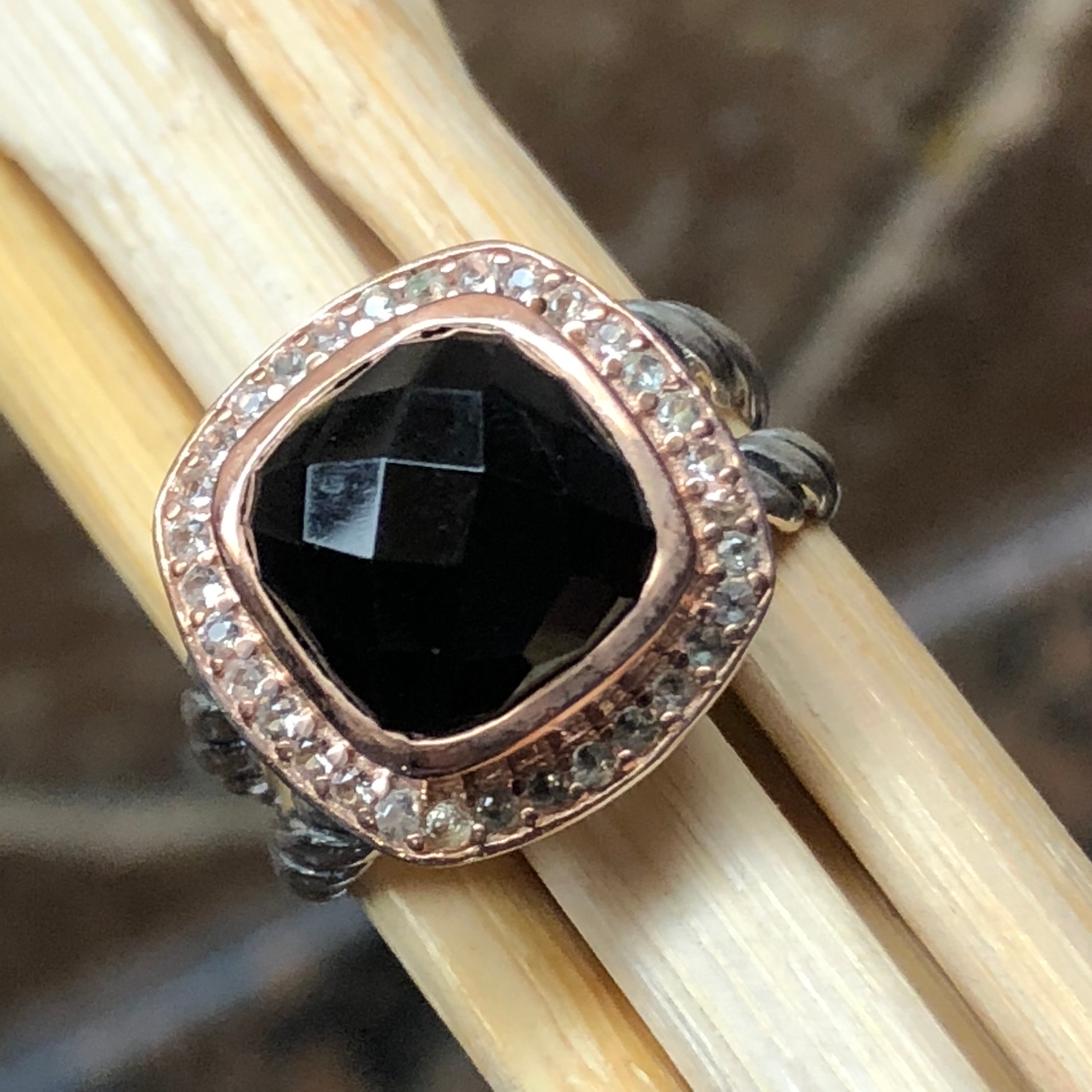 Genuine Black Onyx 14k Rose Gold, 925 Solid Sterling Silver Engagement Ring Size 6, 7, 8, 9 - Natural Rocks by Kala