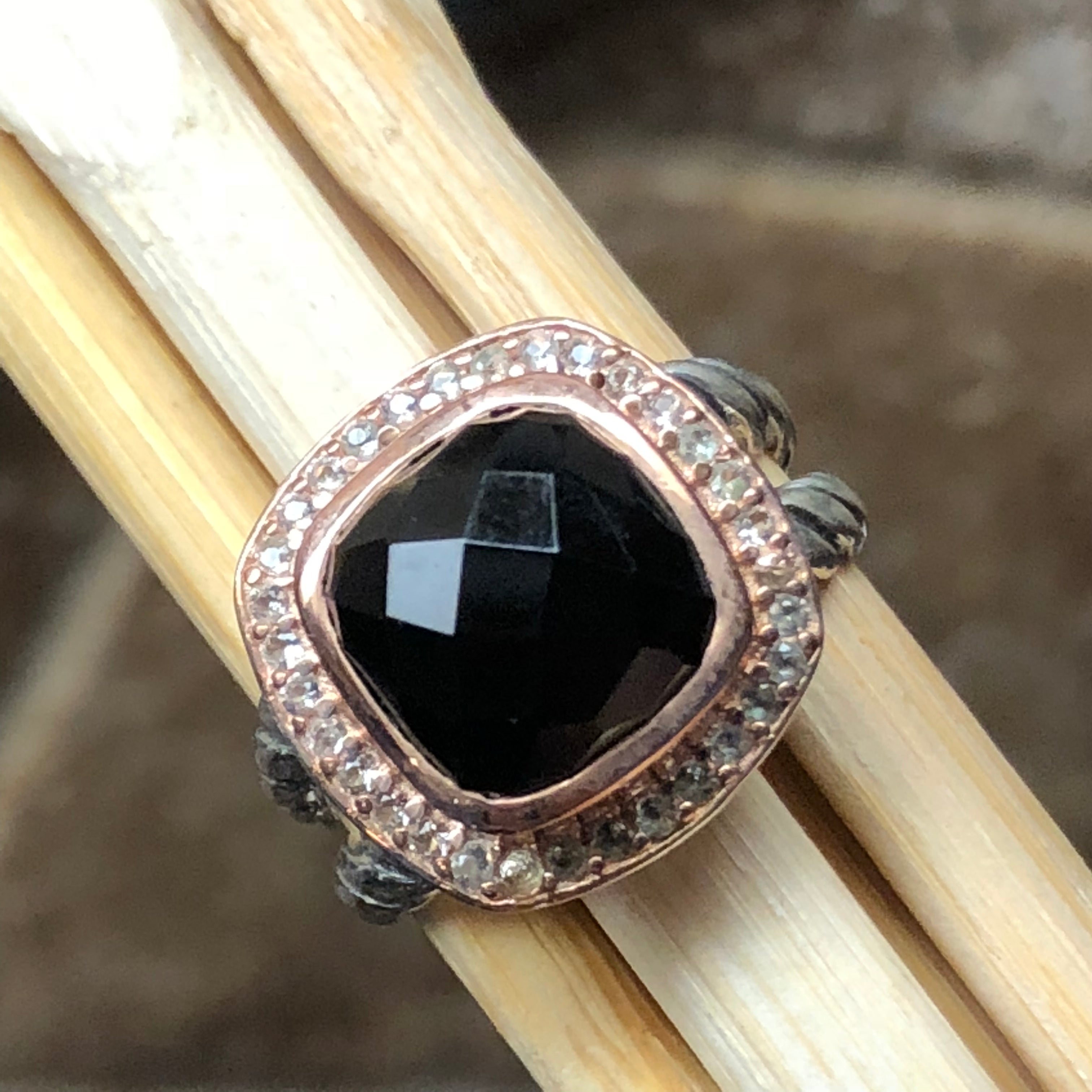 Genuine Black Onyx 14k Rose Gold, 925 Solid Sterling Silver Engagement Ring Size 6, 7, 8, 9 - Natural Rocks by Kala
