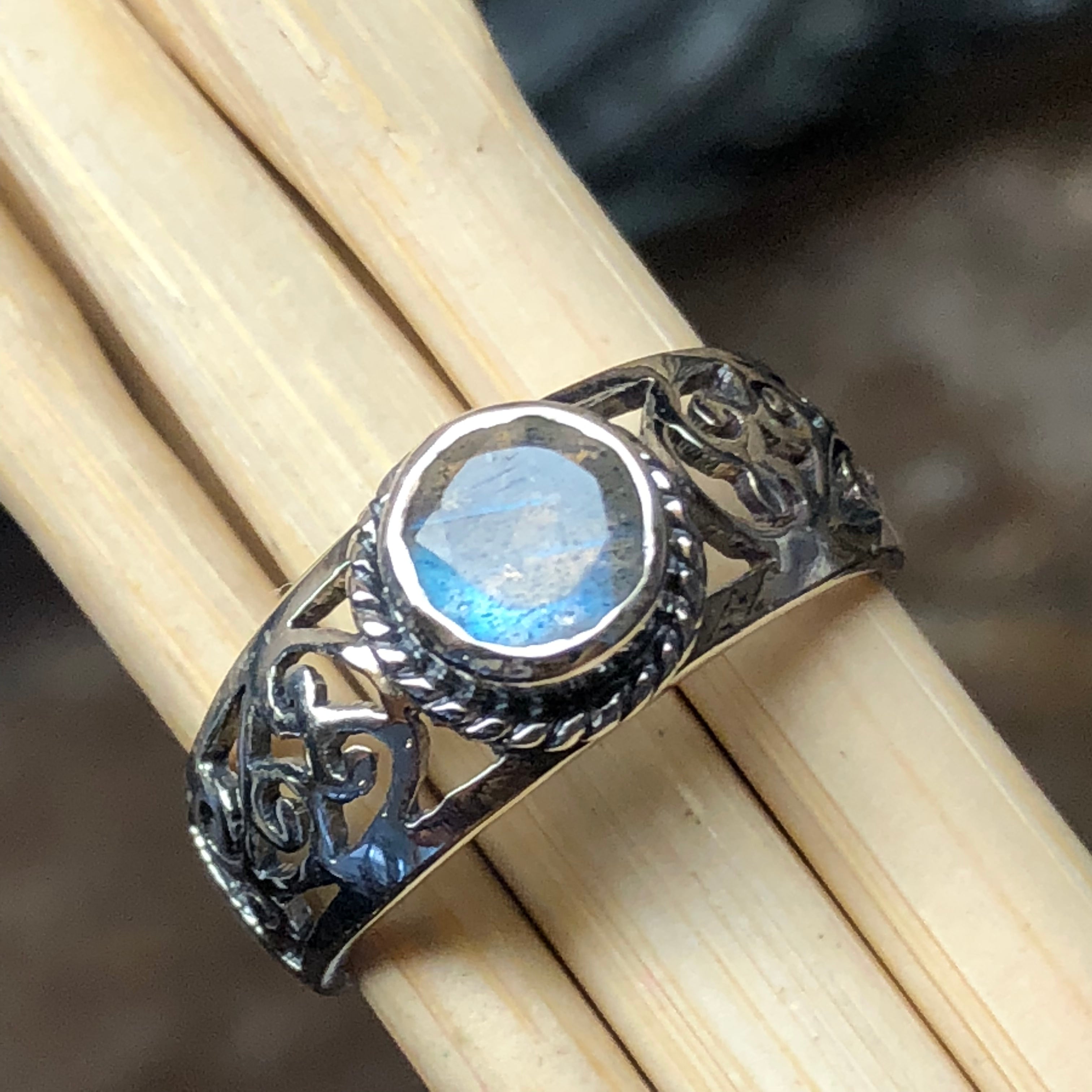 Natural Blue Labradorite 925 Sterling Silver Engagement Ring Size 6, 7, 8, 9 - Natural Rocks by Kala