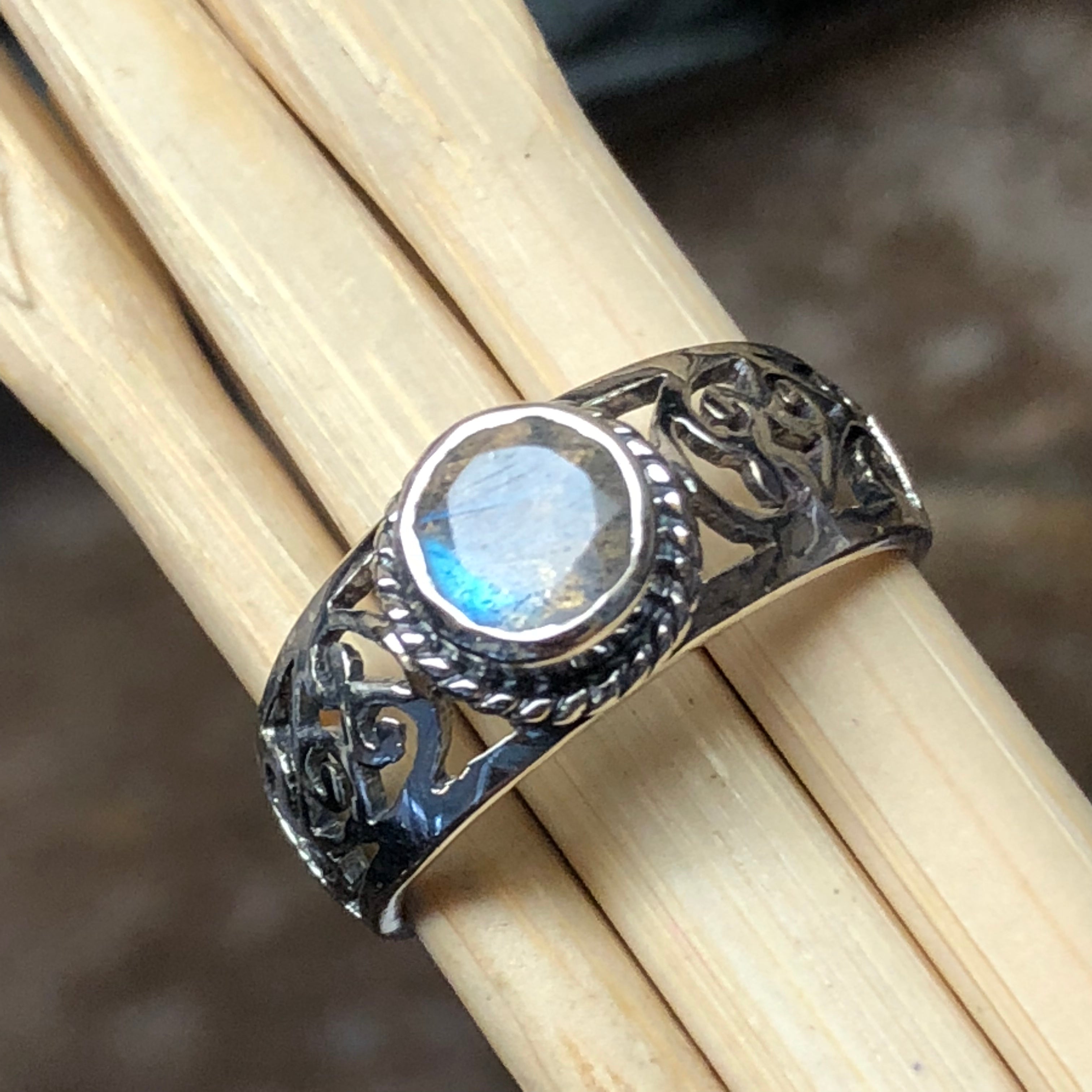Natural Blue Labradorite 925 Sterling Silver Engagement Ring Size 6, 7, 8, 9 - Natural Rocks by Kala