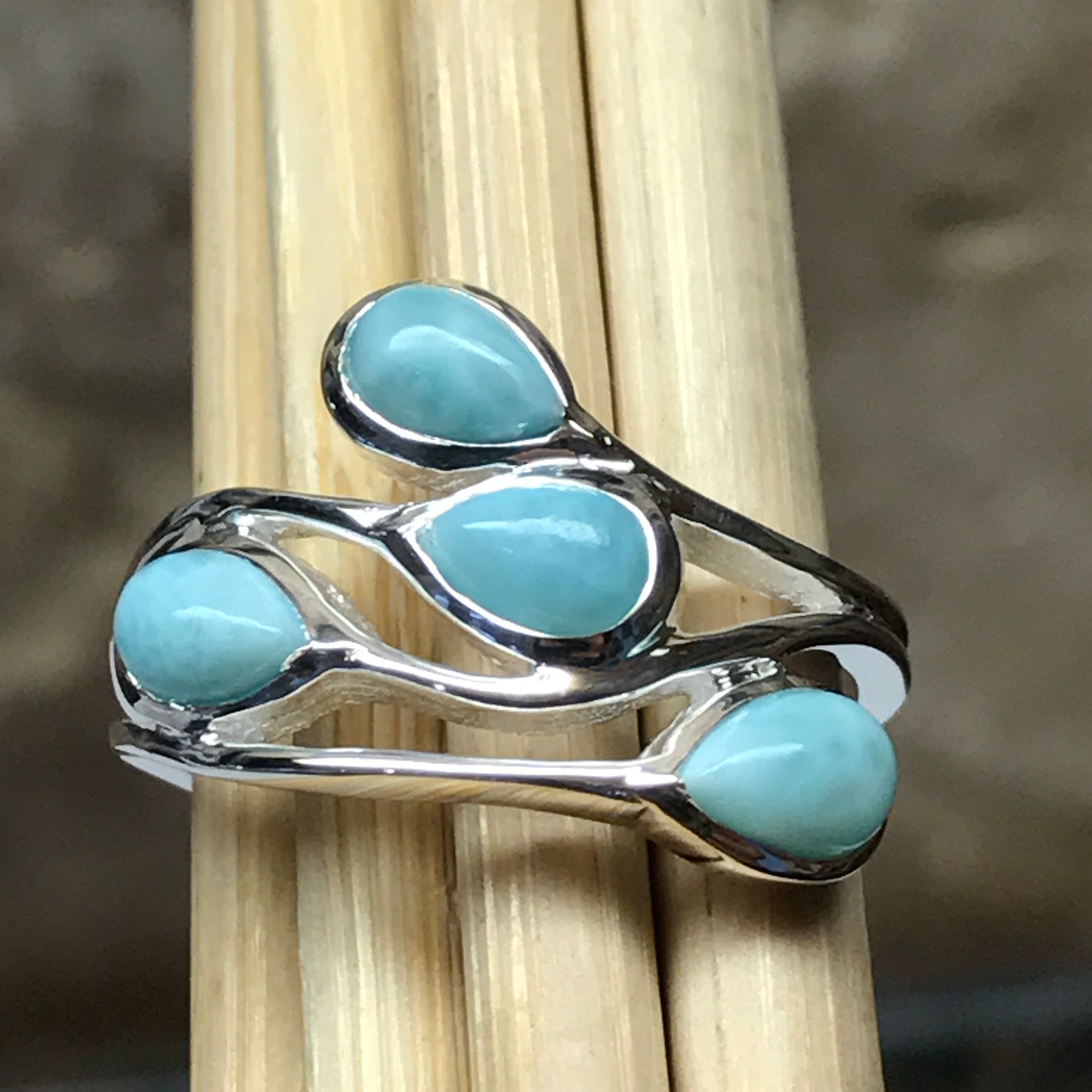 Natural Dominican Larimar 925 Solid Sterling Silver Stackable Ring Size 6, 8, 9 - Natural Rocks by Kala