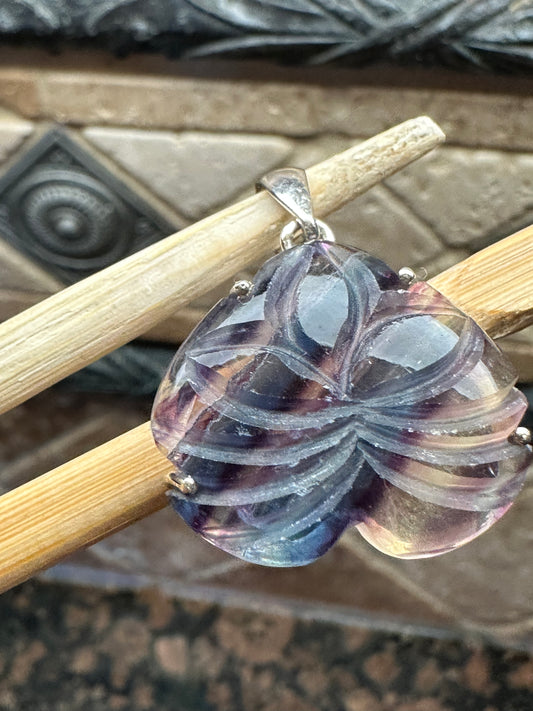 Natural Multi Fluorite 925 Solid Sterling Silver Handcarved Pendant 28mm - Natural Rocks by Kala