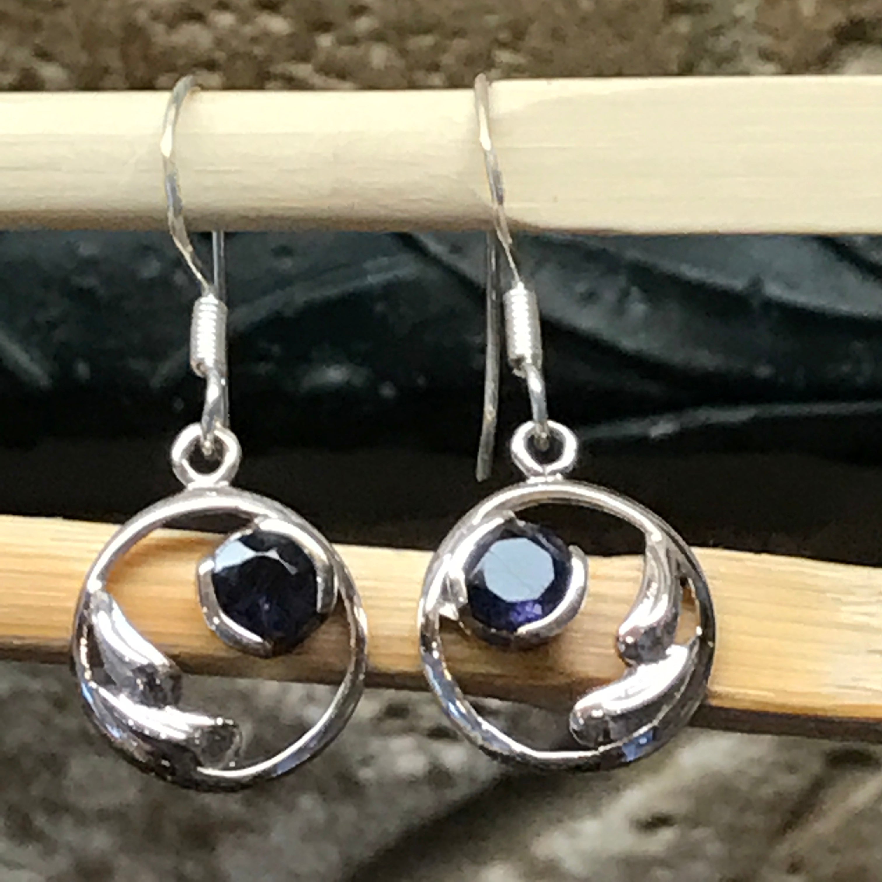 Natural 1ct Iolite 925 Solid Sterling Silver Earrings 25mm - Natural Rocks by Kala