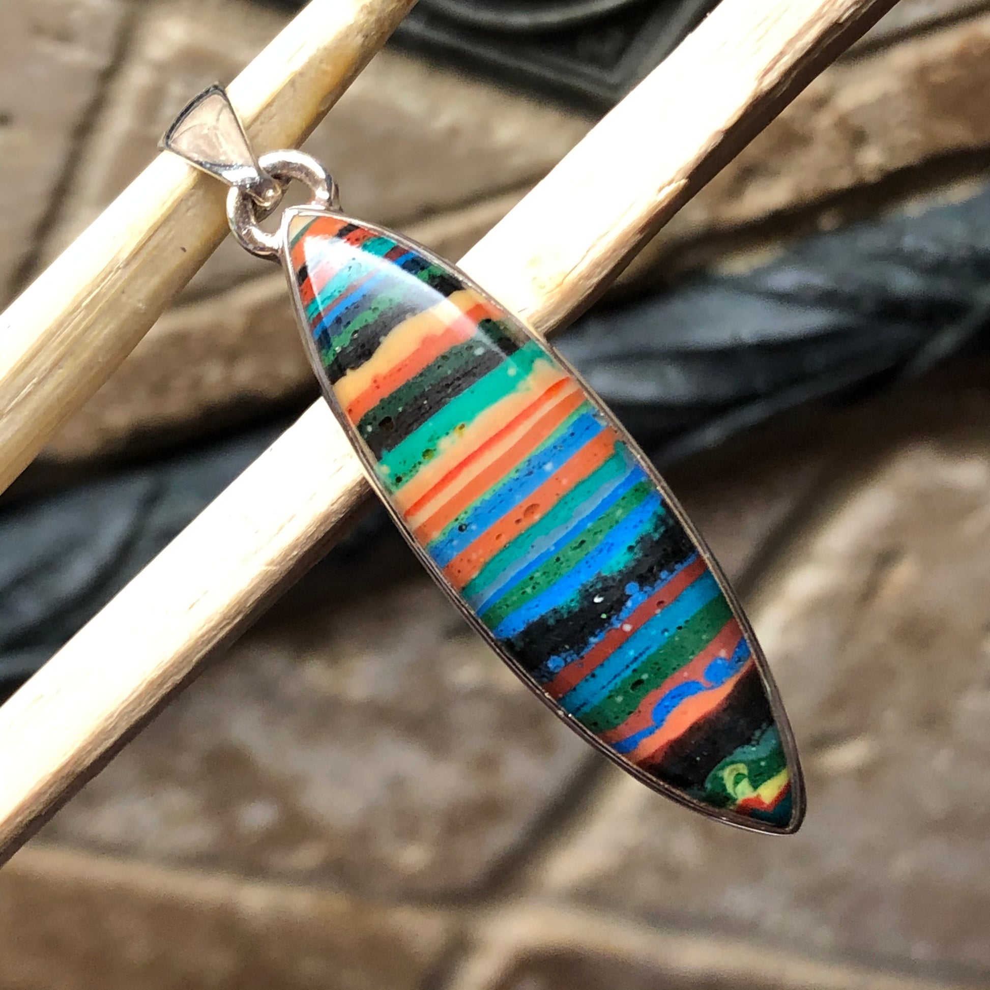 Rainbow Calsilica 925 Solid Sterling Silver Pendant 45mm - Natural Rocks by Kala