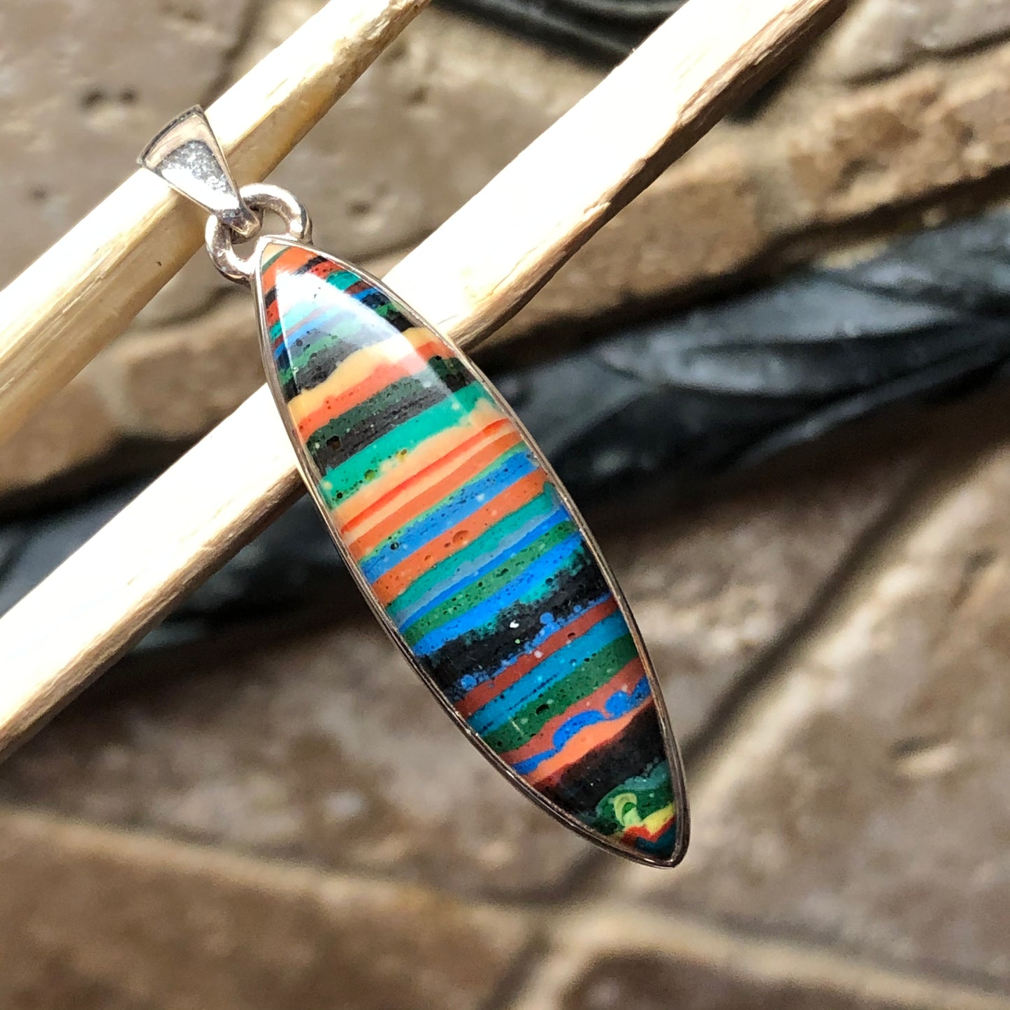 Rainbow Calsilica 925 Solid Sterling Silver Pendant 45mm - Natural Rocks by Kala