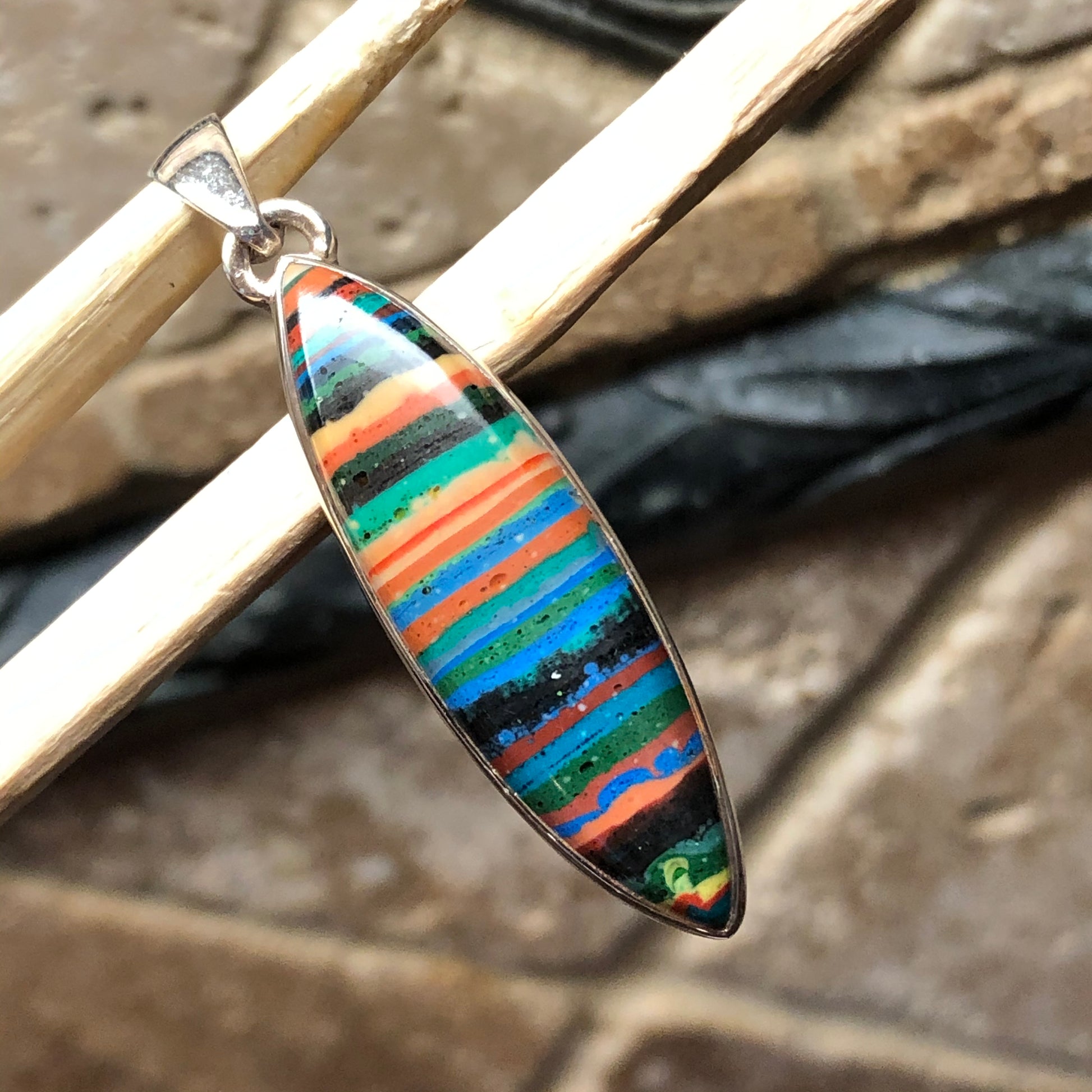 Rainbow Calsilica 925 Solid Sterling Silver Pendant 45mm - Natural Rocks by Kala
