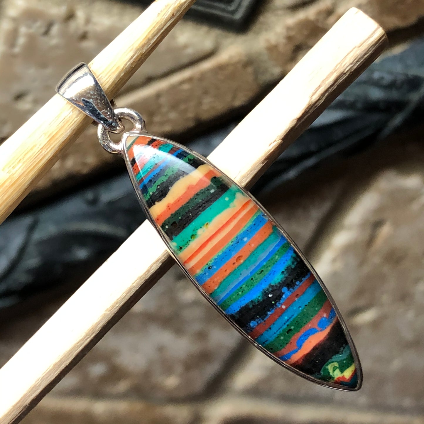 Rainbow Calsilica 925 Solid Sterling Silver Pendant 45mm - Natural Rocks by Kala
