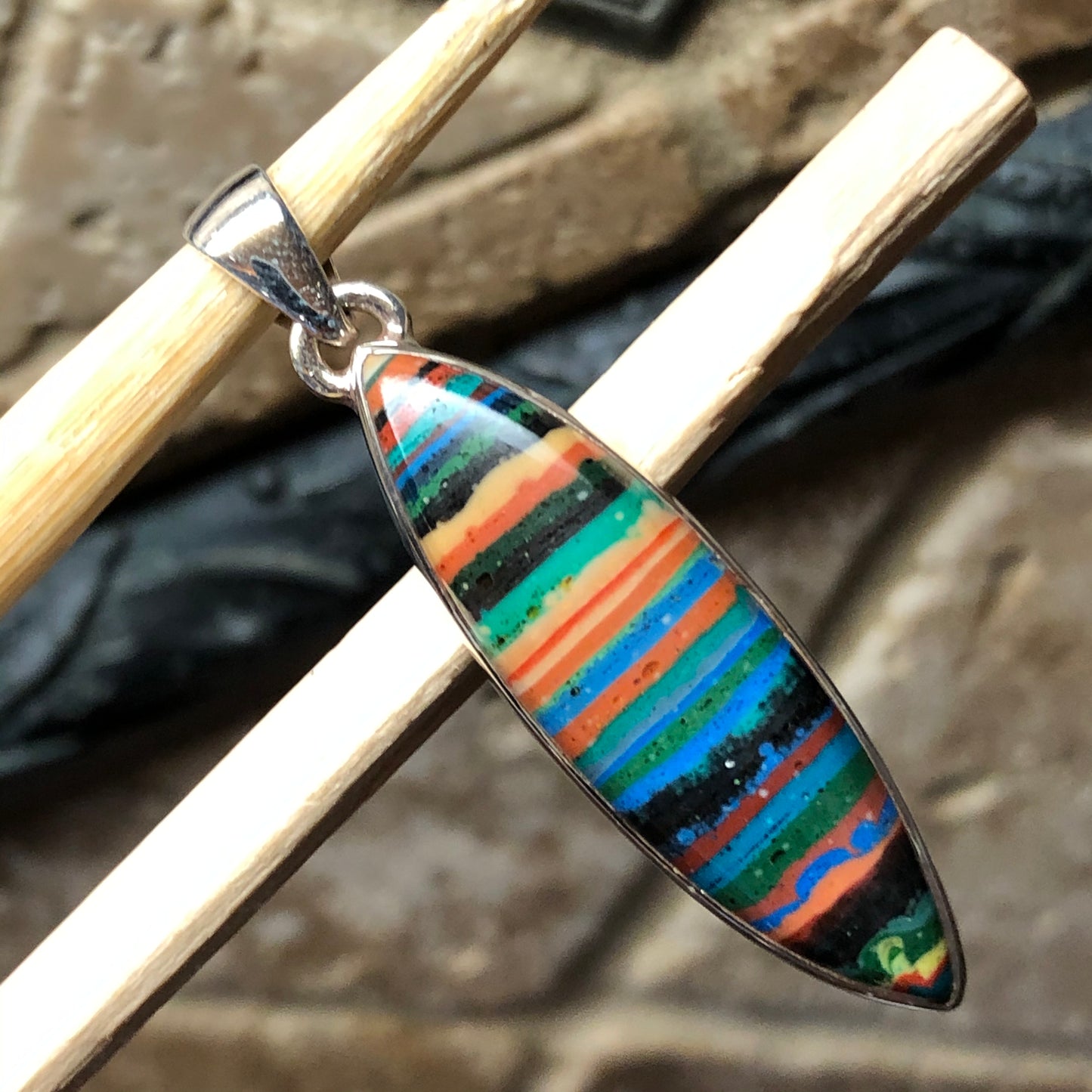 Rainbow Calsilica 925 Solid Sterling Silver Pendant 45mm - Natural Rocks by Kala