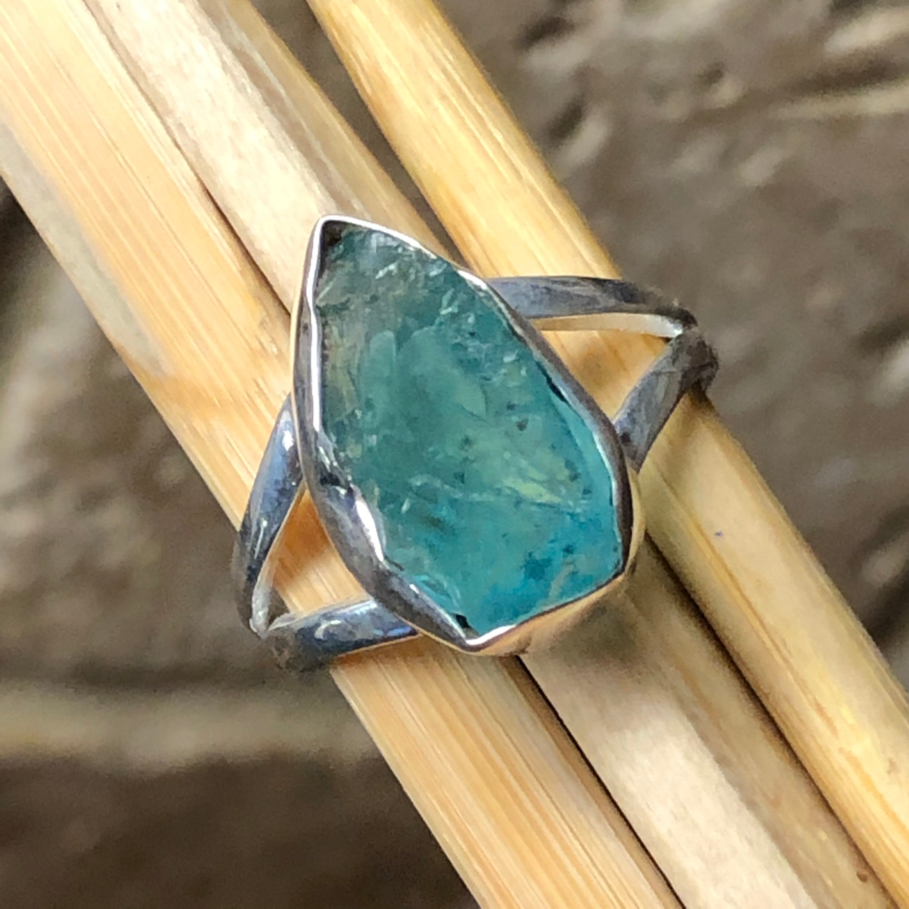 Genuine Neon Blue Apatite 925 Solid Sterling Silver Ring Size 9 - Natural Rocks by Kala
