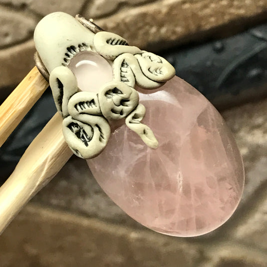 Natural Pink Rose Quartz Carved Sterling Silver Cabochan Pendant 54mm - Natural Rocks by Kala