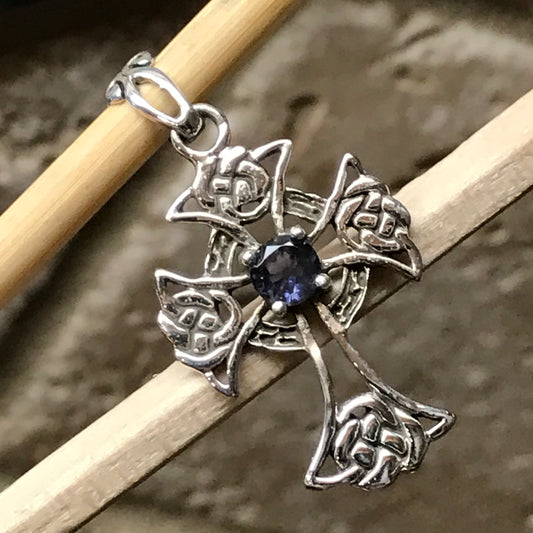 Natural Iolite 925 Solid Sterling Silver Cross Pendant 36mm - Natural Rocks by Kala