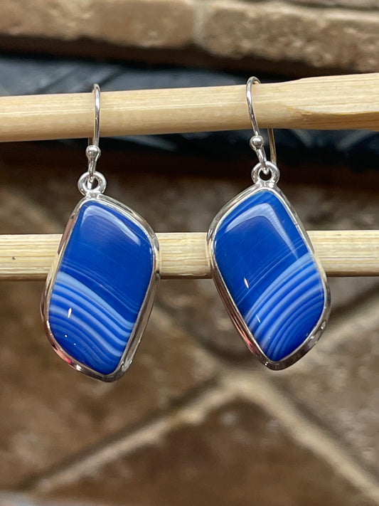 Natural Blue Lace Agate 925 Solid Sterling Silver Earrings 40mm - Natural Rocks by Kala