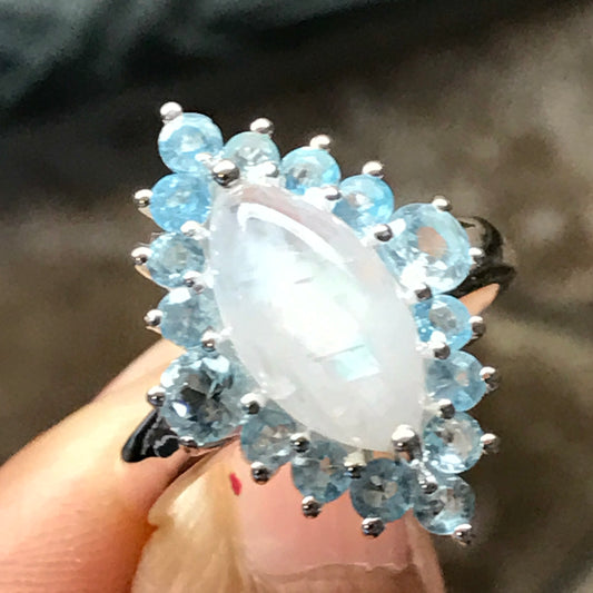 Genuine 6ct Blue Topaz, Rainbow Moonstone 925 Solid Sterling Silver Ring Size 6, 7, 8, 9 - Natural Rocks by Kala