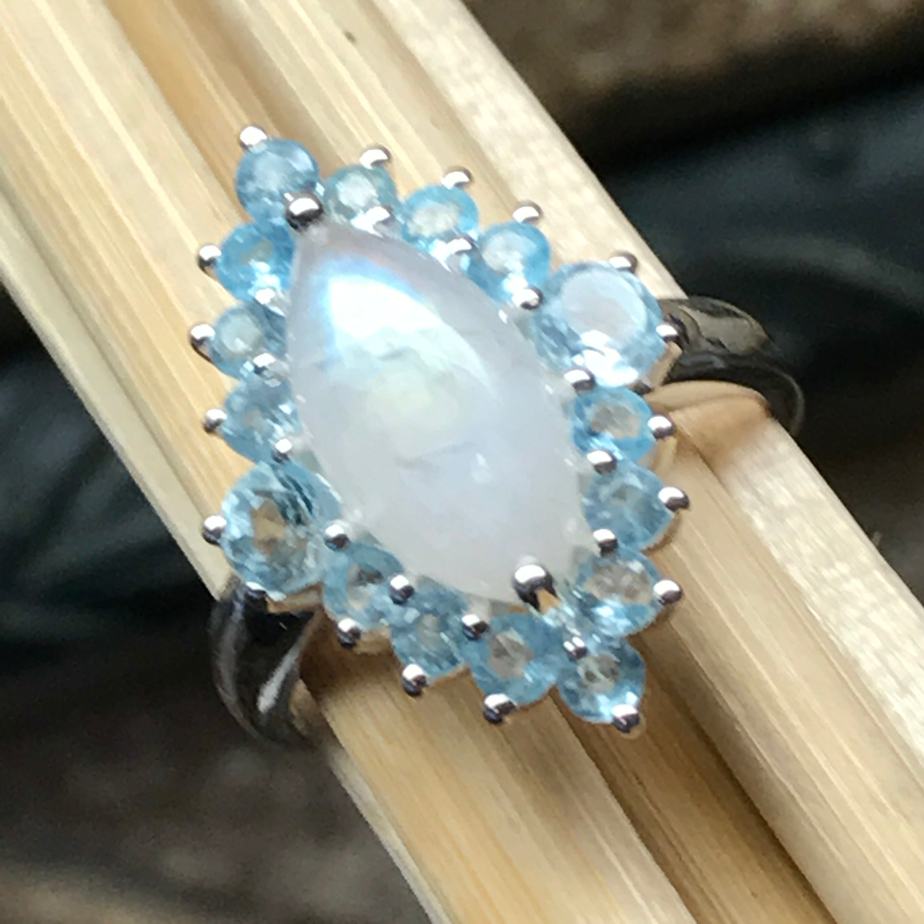 Genuine 6ct Blue Topaz, Rainbow Moonstone 925 Solid Sterling Silver Ring Size 6, 7, 8, 9 - Natural Rocks by Kala