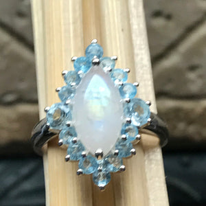 Genuine 6ct Blue Topaz, Rainbow Moonstone 925 Solid Sterling Silver Ring Size 6, 7, 8, 9 - Natural Rocks by Kala