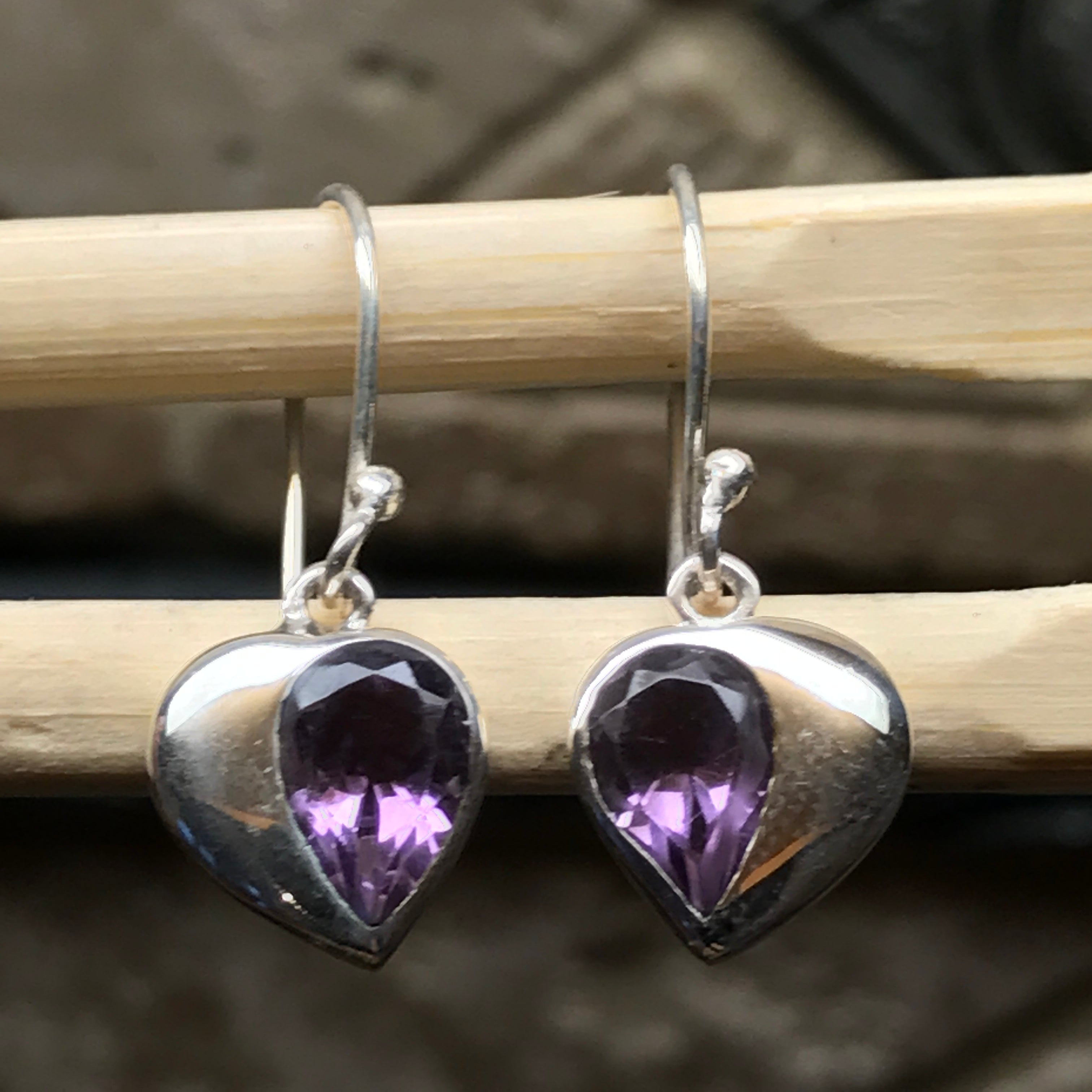 Natural 2ct Purple Amethyst 925 Solid Sterling Silver Heart Earrings 26mm - Natural Rocks by Kala