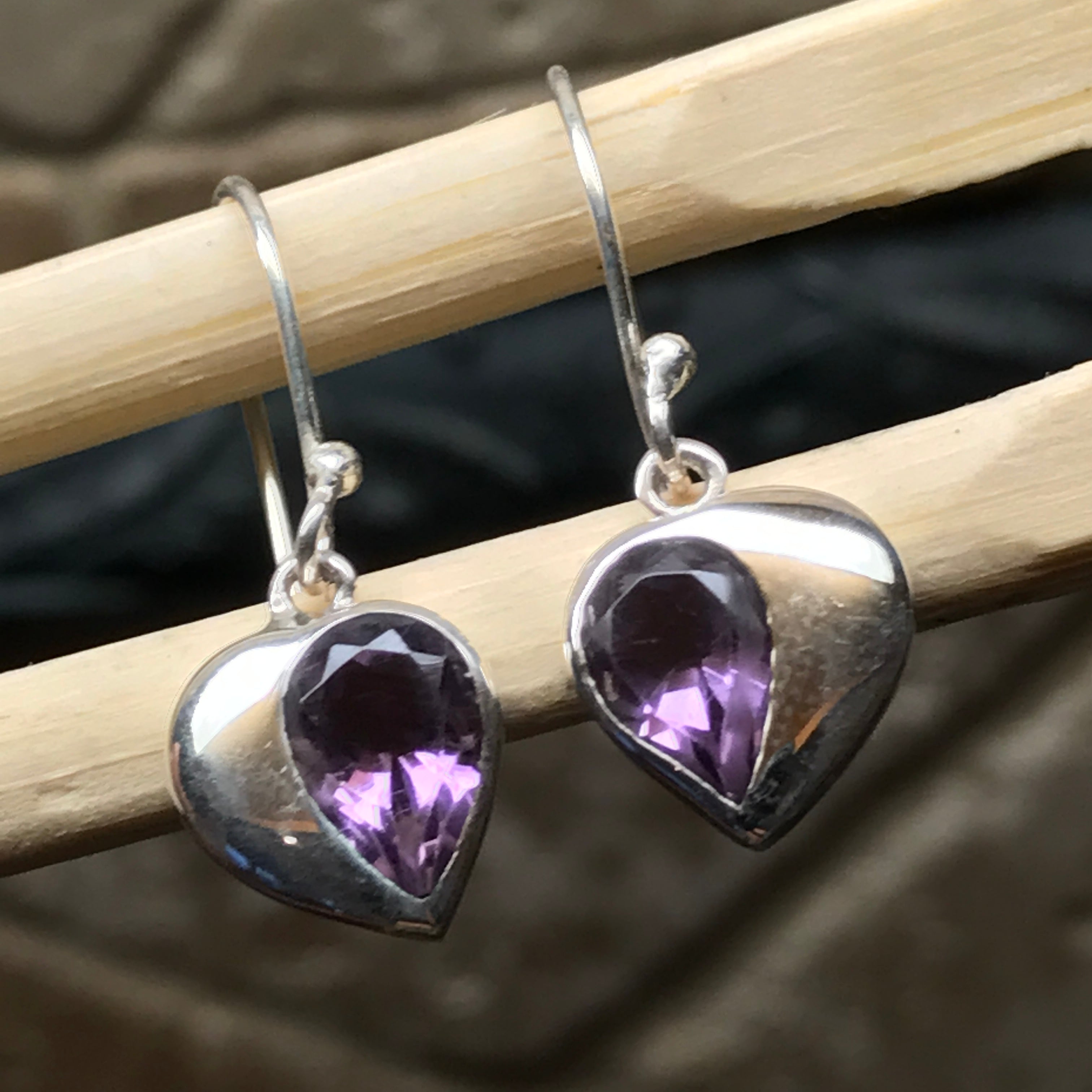 Natural 2ct Purple Amethyst 925 Solid Sterling Silver Heart Earrings 26mm - Natural Rocks by Kala