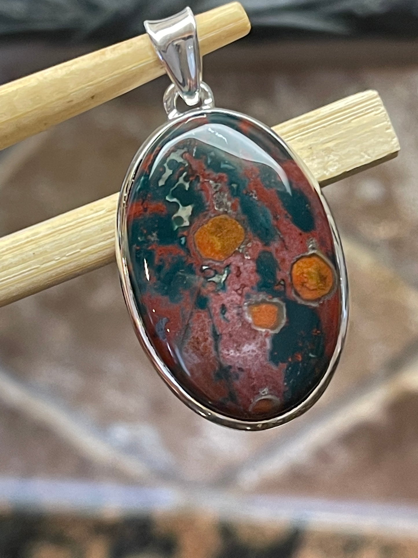 Natural Bloodstone, Heliotrope 925 Solid Sterling Silver Pendant 40mm - Natural Rocks by Kala