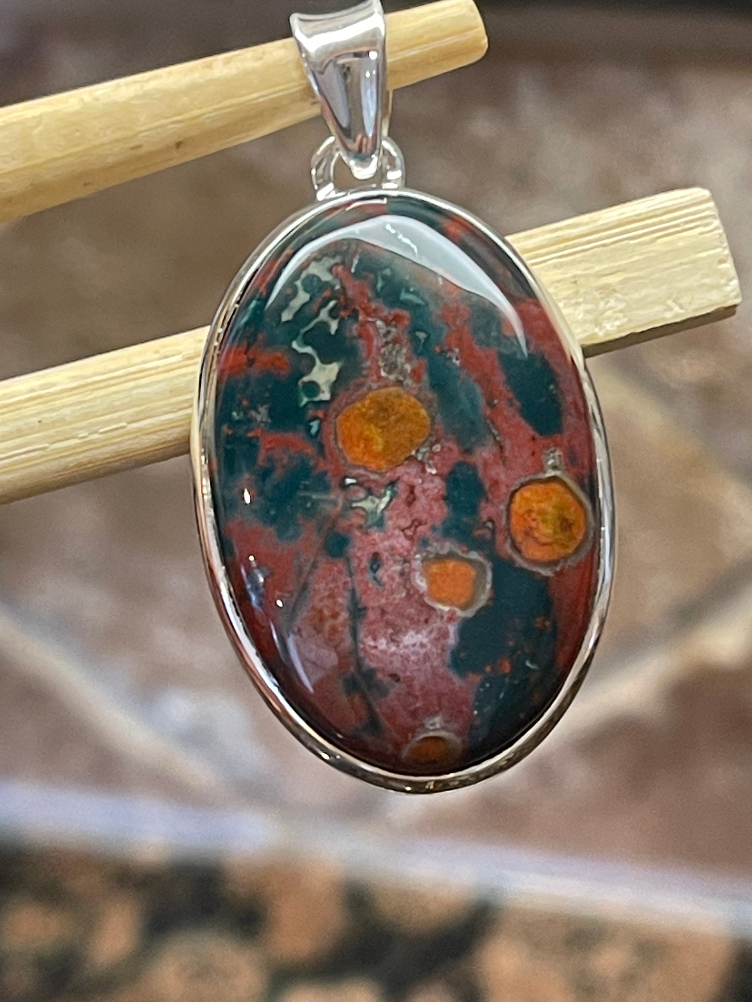 Natural Bloodstone, Heliotrope 925 Solid Sterling Silver Pendant 40mm - Natural Rocks by Kala