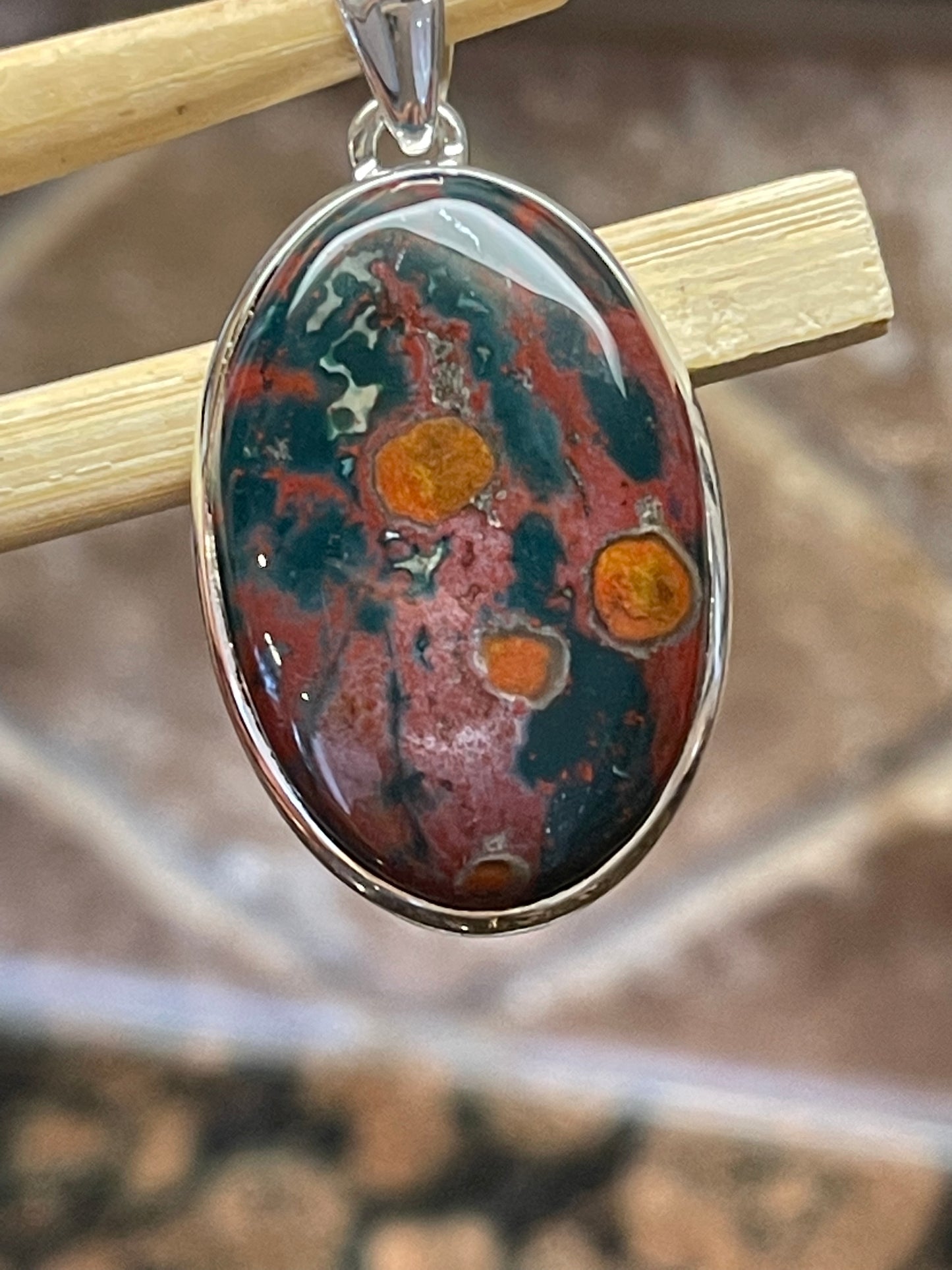 Natural Bloodstone, Heliotrope 925 Solid Sterling Silver Pendant 40mm - Natural Rocks by Kala