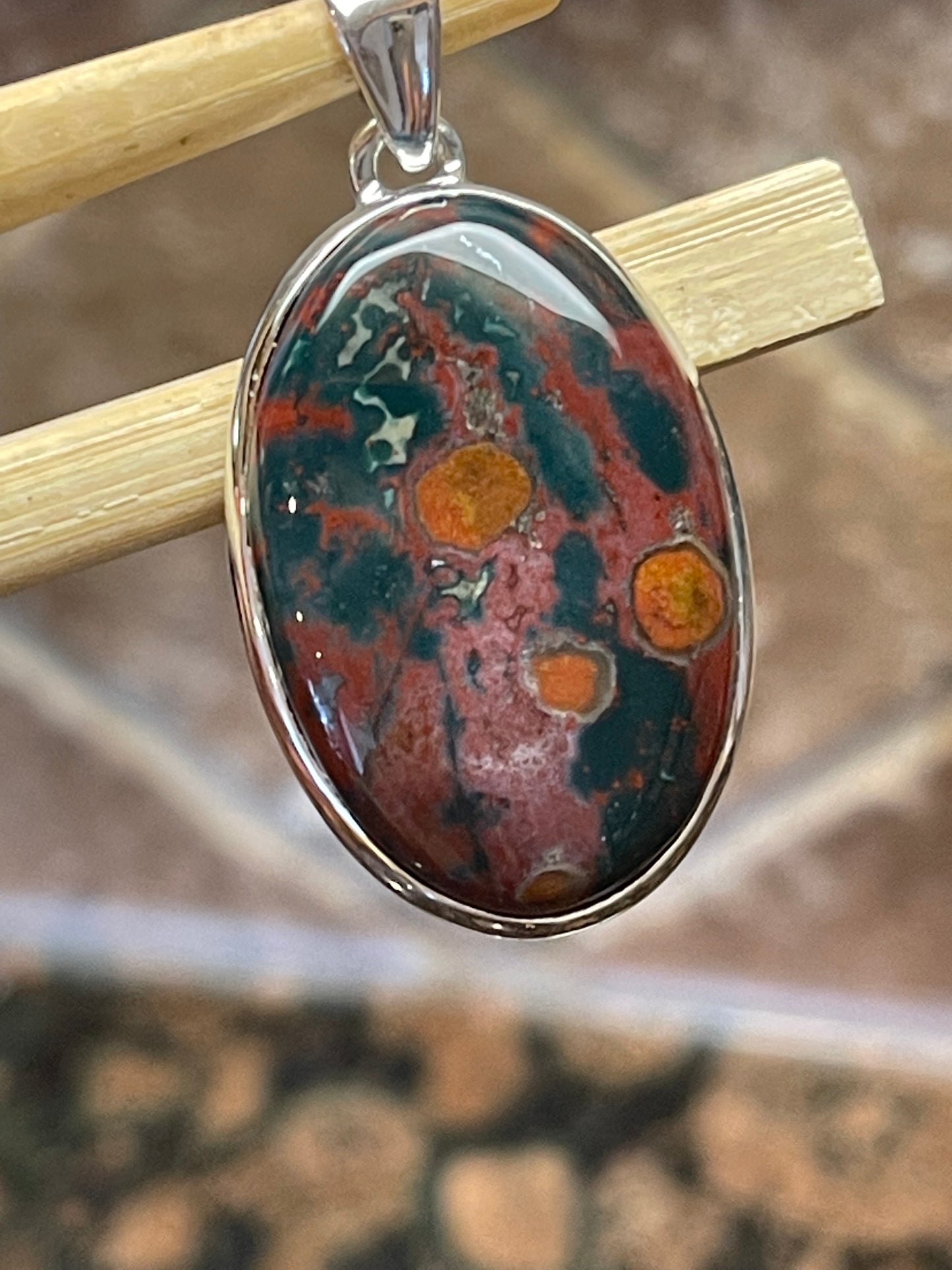 Natural Bloodstone, Heliotrope 925 Solid Sterling Silver Pendant 40mm - Natural Rocks by Kala