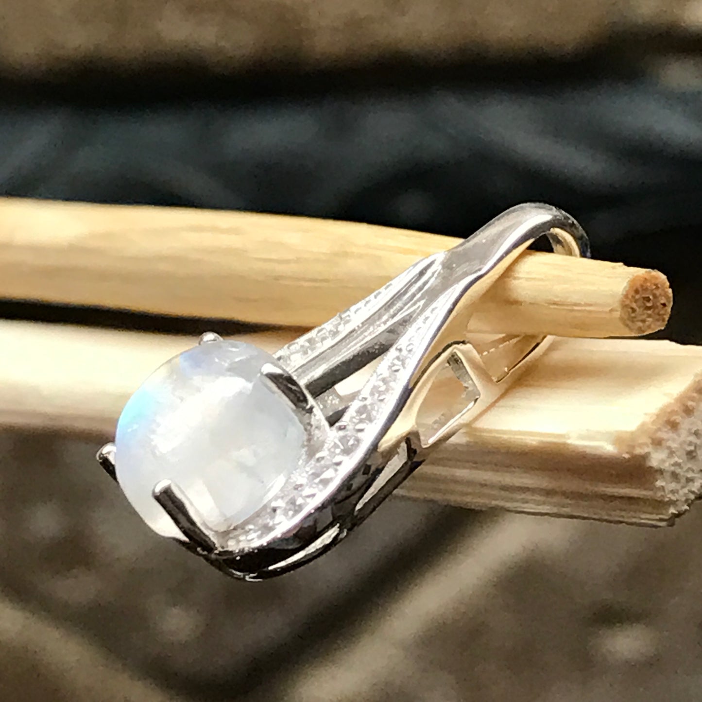 Genuine Rainbow Moonstone 925 Solid Sterling Silver Designer Pendant 20mm - Natural Rocks by Kala