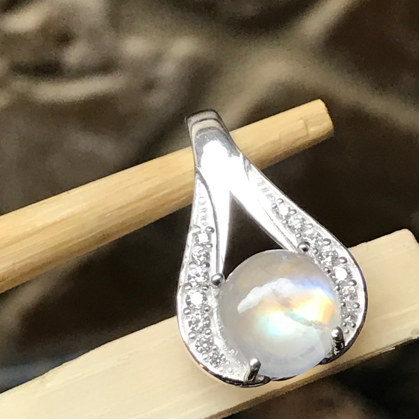 Genuine Rainbow Moonstone 925 Solid Sterling Silver Designer Pendant 20mm - Natural Rocks by Kala