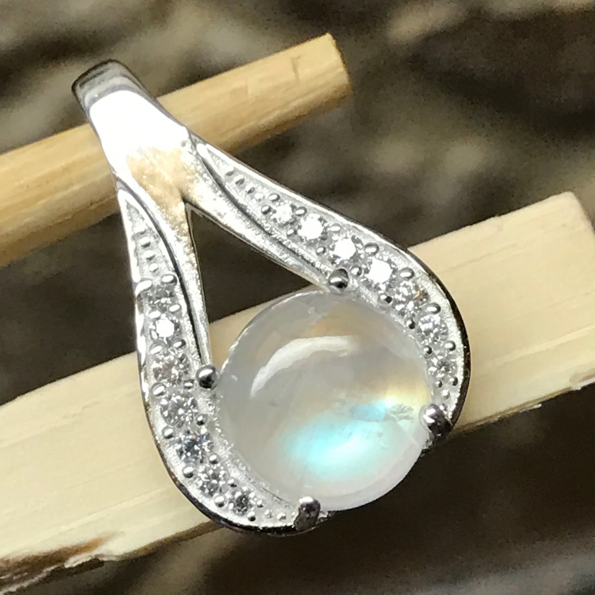 Genuine Rainbow Moonstone 925 Solid Sterling Silver Designer Pendant 20mm - Natural Rocks by Kala