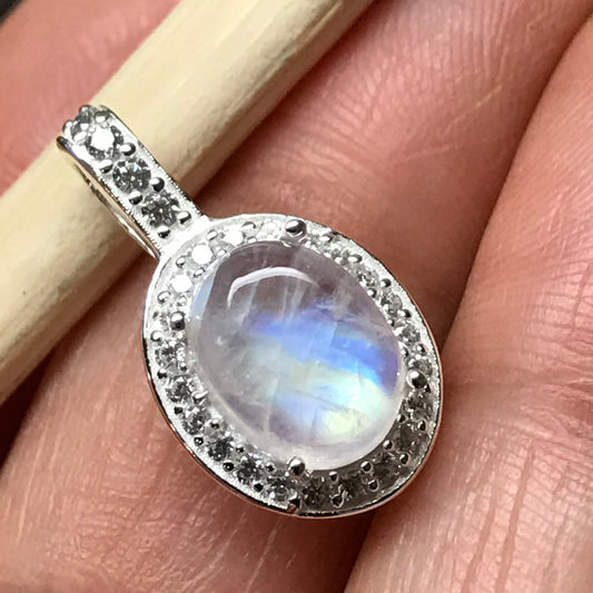 Genuine Rainbow Moonstone 925 Solid Sterling Silver Pendant 20mm - Natural Rocks by Kala