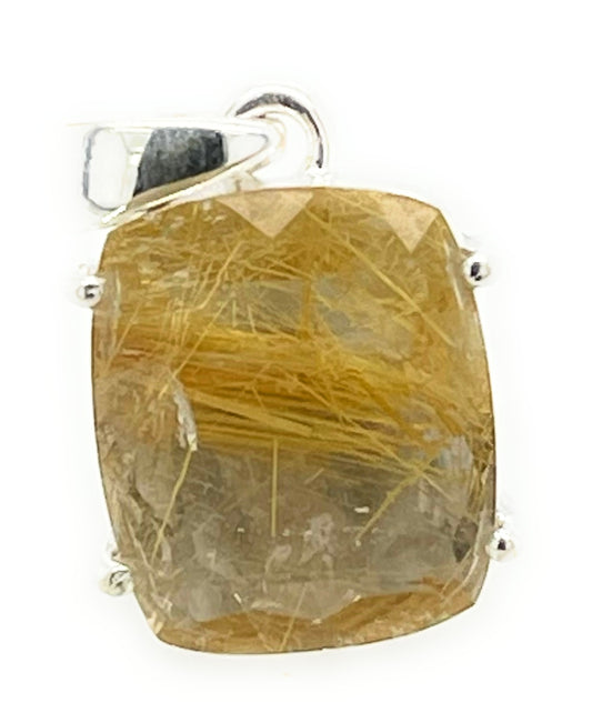 Genuine Golden Rutilated Quartz 925 Solid Sterling Silver Pendant 24mm - Natural Rocks by Kala