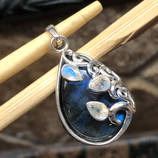 Natural Blue Labradorite, Moonstone 925 Sterling Silver Pendant 35mm - Natural Rocks by Kala