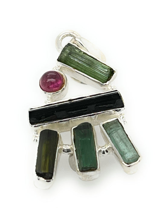 Natural Green Tourmaline, Pink Tourmaline 925 Solid Sterling Silver Pendant 34mm - Natural Rocks by Kala