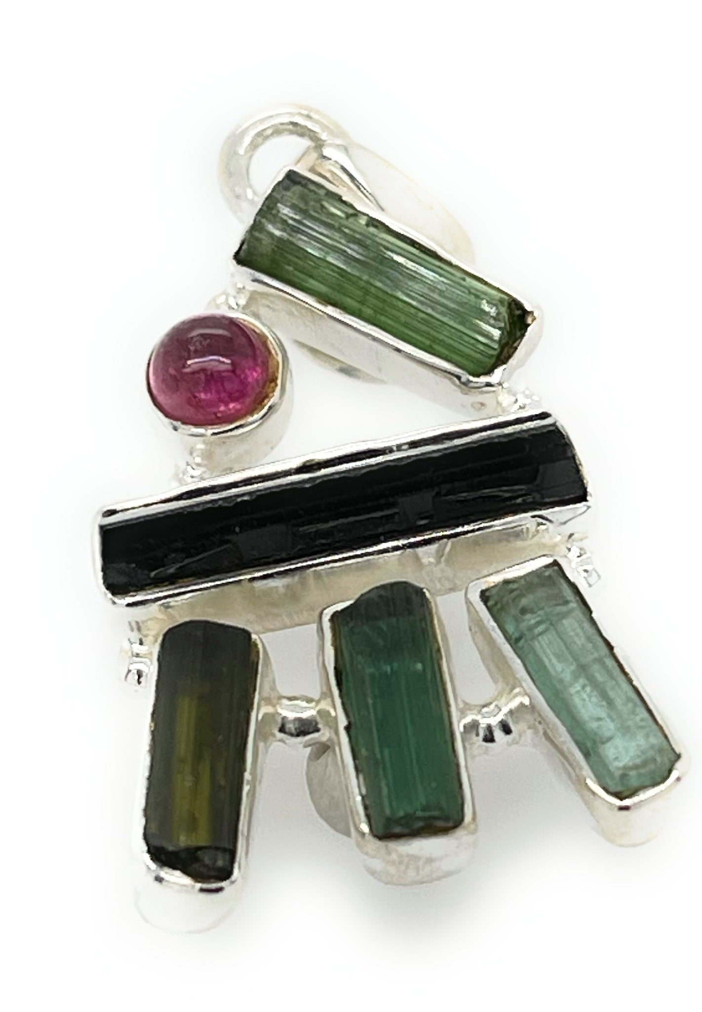 Natural Green Tourmaline, Pink Tourmaline 925 Solid Sterling Silver Pendant 34mm