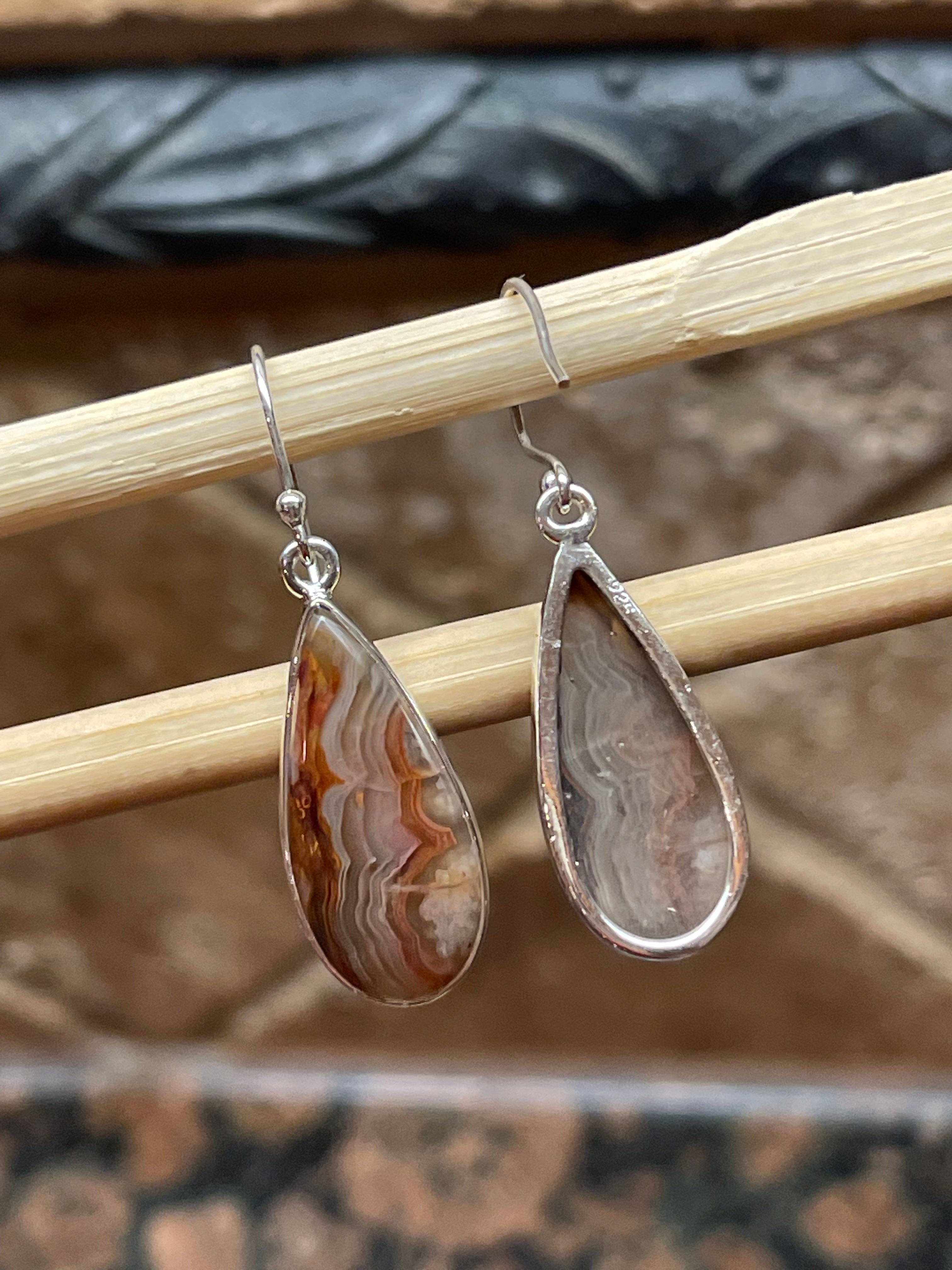 Natural Laguna Lace Agate 925 Sterling Silver 925 Sterling Silver Earrings 35mm