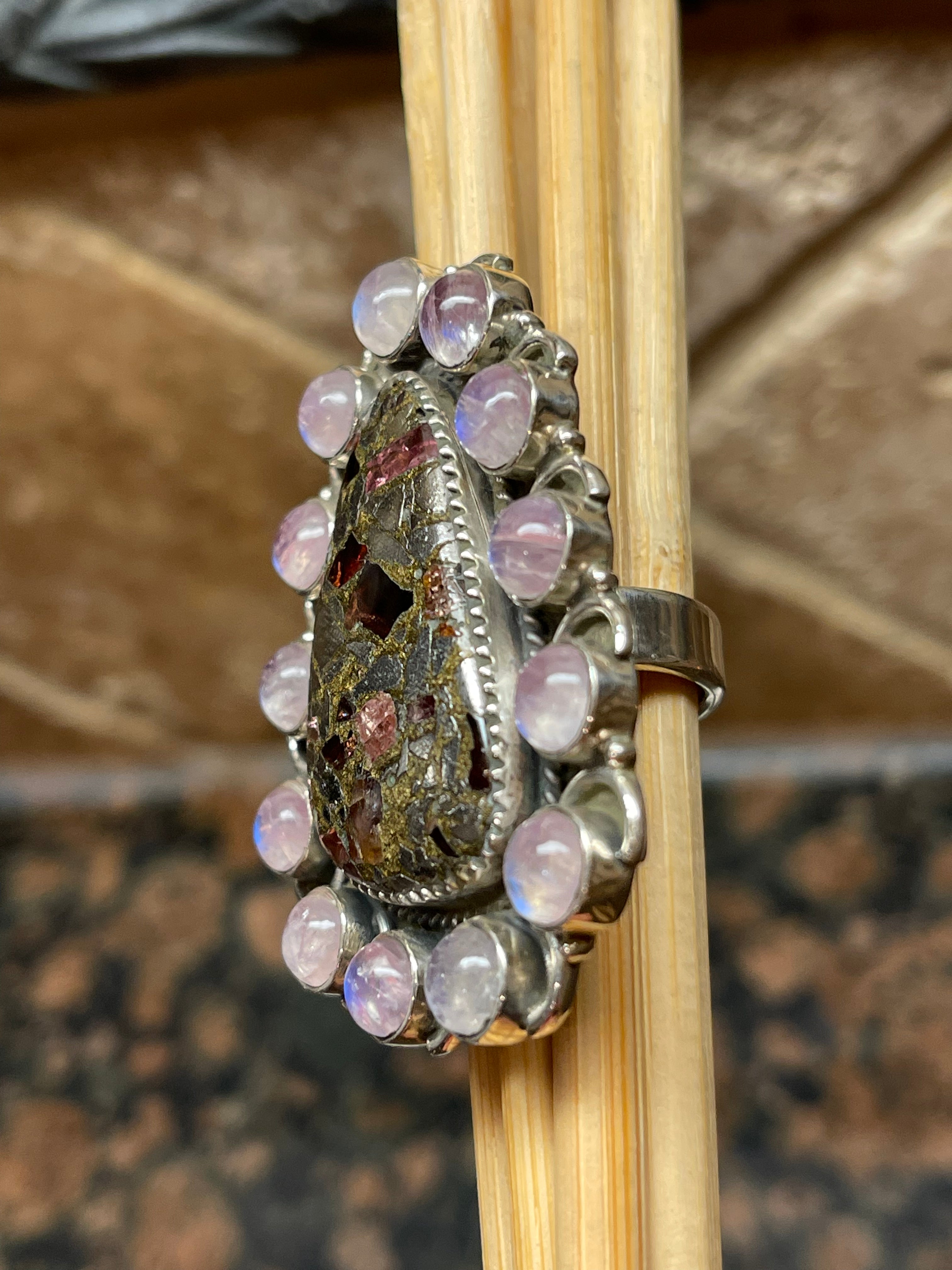 Natural Pink Moonstone, Garnet in Pyrite 925 Solid Sterling Silver Ring Size 7