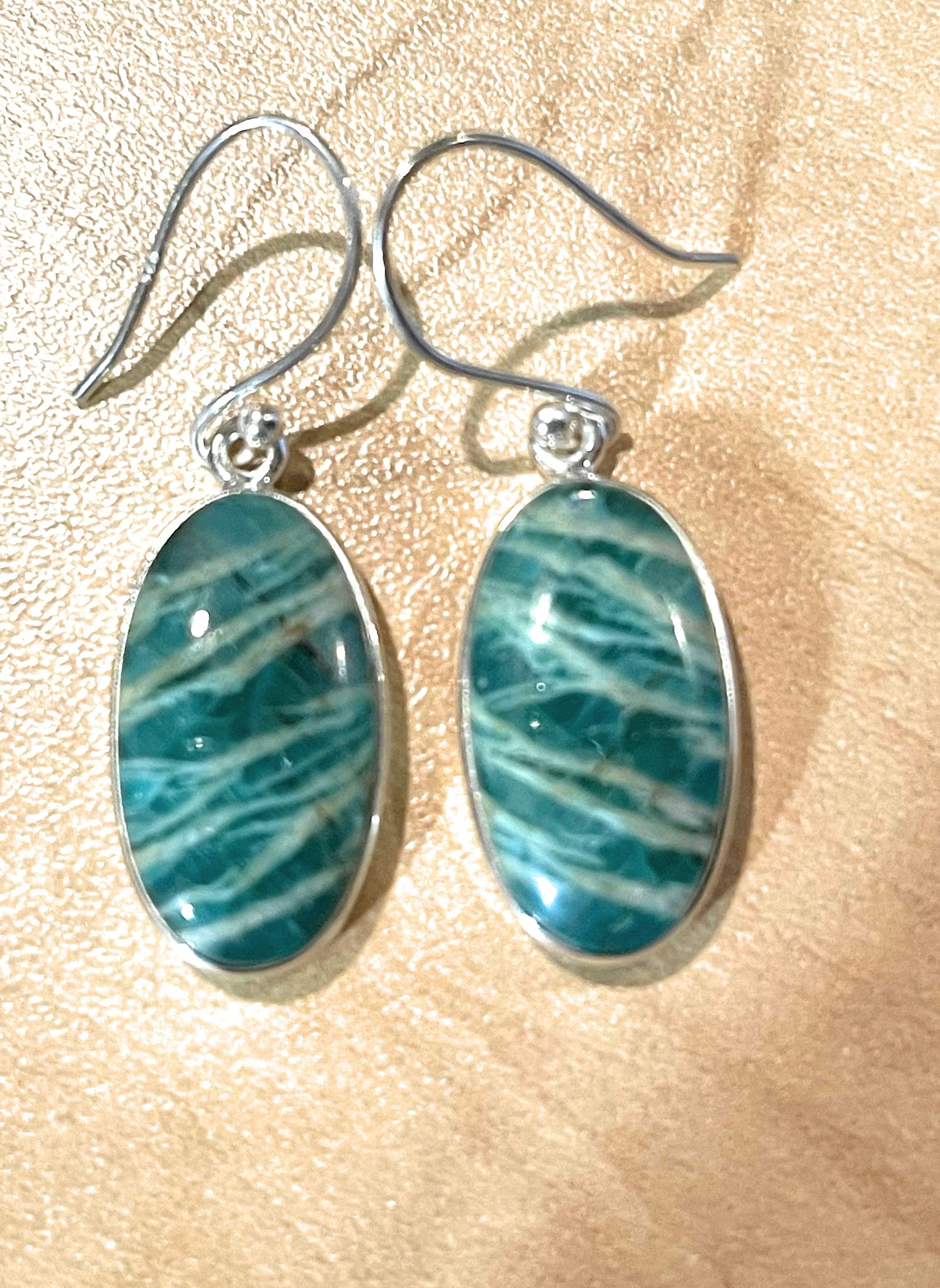 Natural Green Amazonite 925 Solid Sterling Silver Earrings 30mm - Natural Rocks by Kala