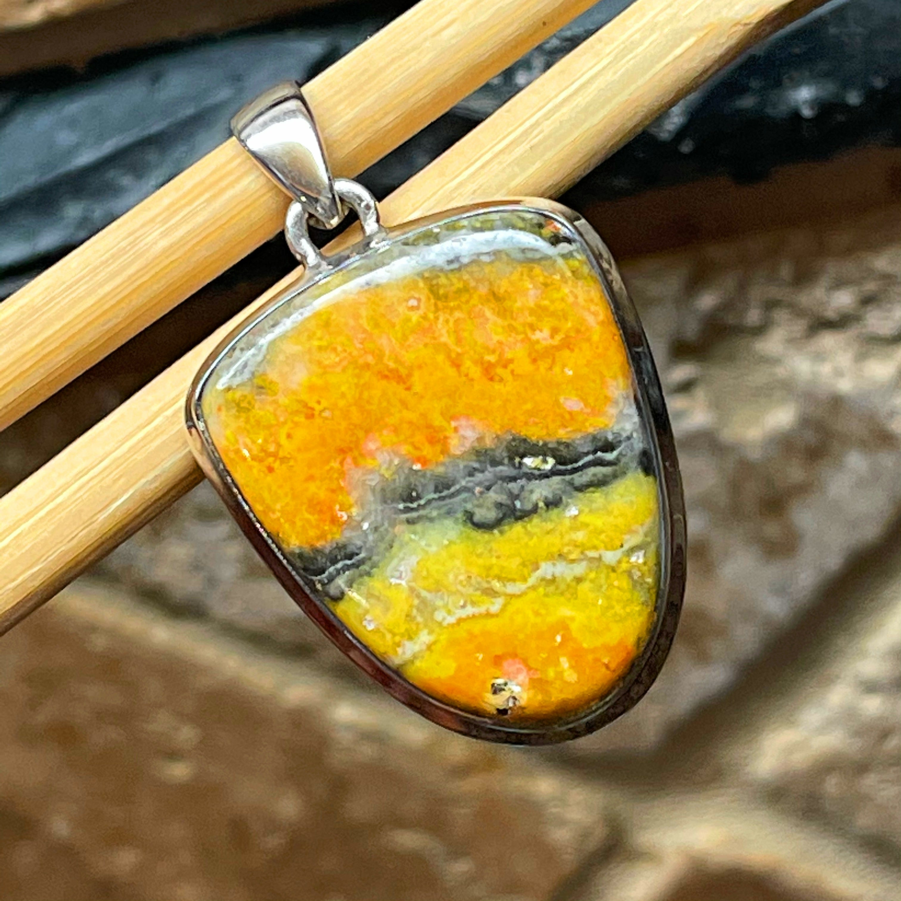Natural Indonesian Bumble Bee Jasper 925 Solid Sterling Silver Pendant 40mm - Natural Rocks by Kala