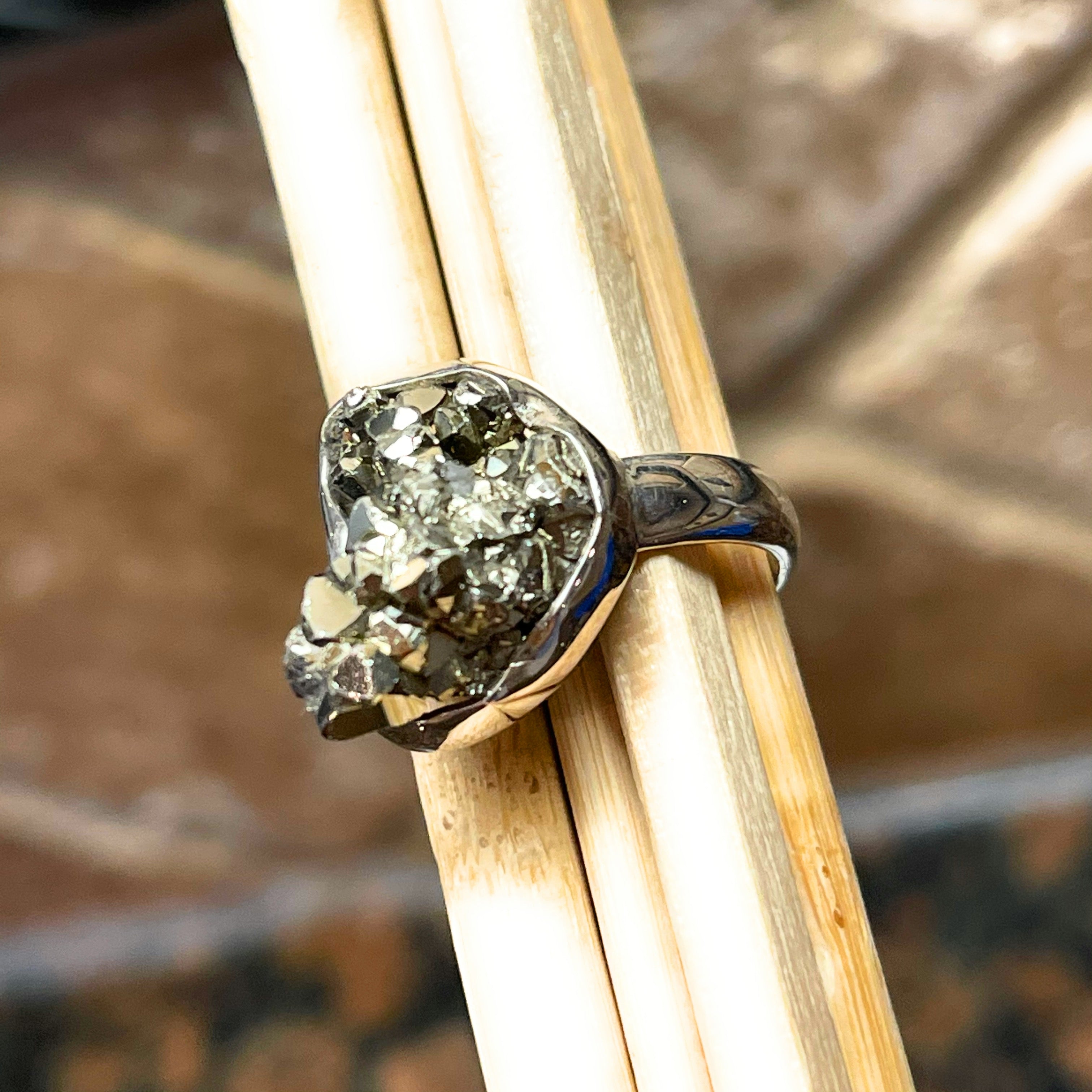 Genuine Pyrite Druzy 925 Solid Sterling Silver Unisex Ring Size 8 - Natural Rocks by Kala