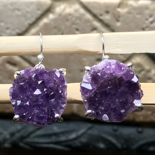 Genuine Purple Amethyst 925 Solid Sterling Silver Earrings 30mm - Natural Rocks by Kala