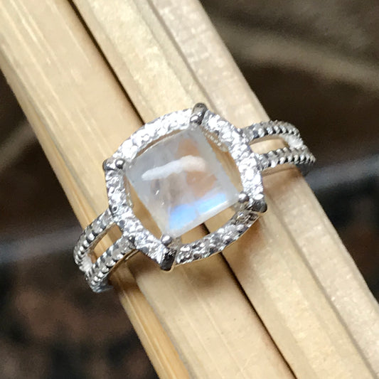 Natural Rainbow Moonstone 925 Solid Sterling Silver Engagement Ring Size 5, 6, 7, 8 - Natural Rocks by Kala