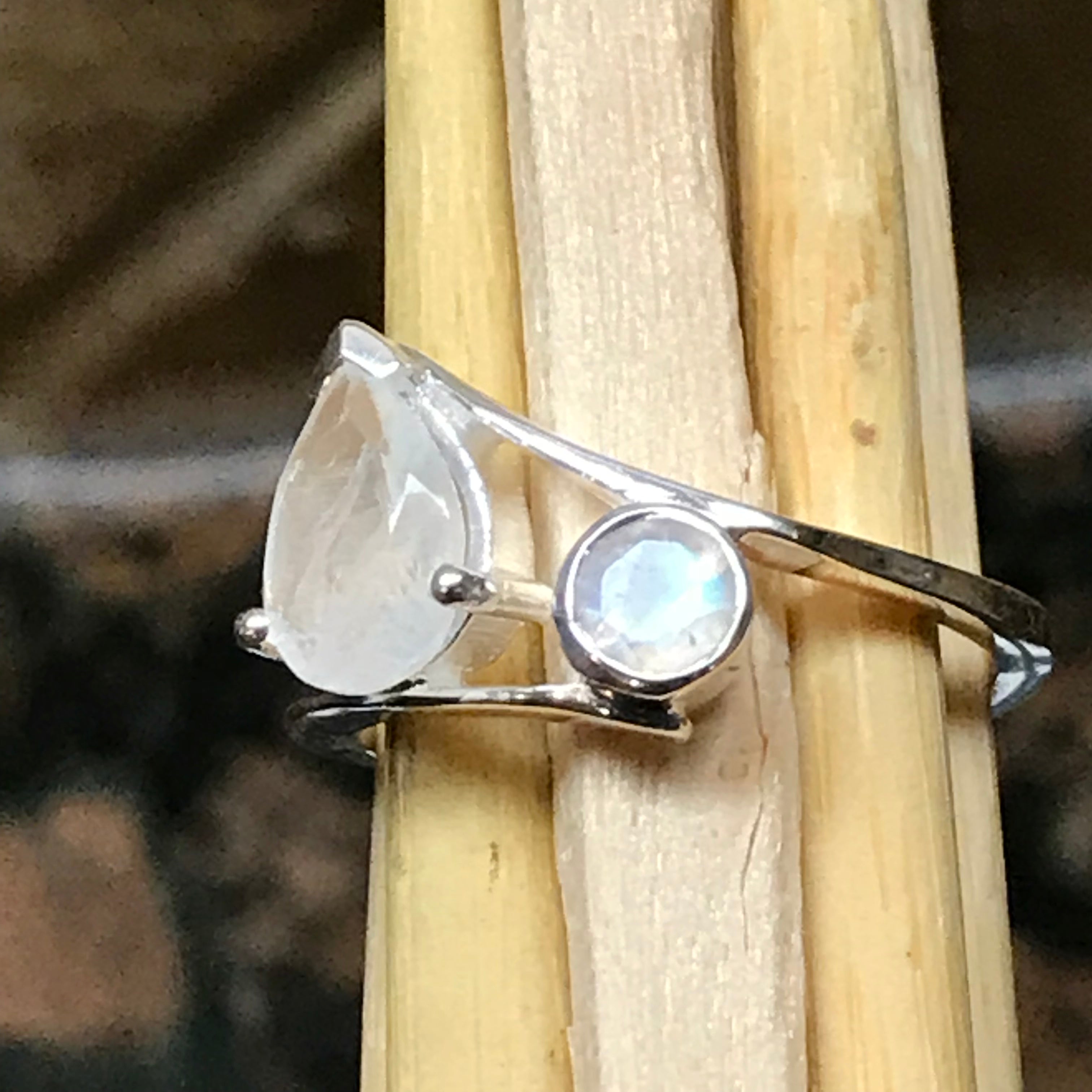 Genuine Rainbow Moonstone 925 Solid Sterling Silver Ring Size 5, 6, 7, 8, 9 - Natural Rocks by Kala