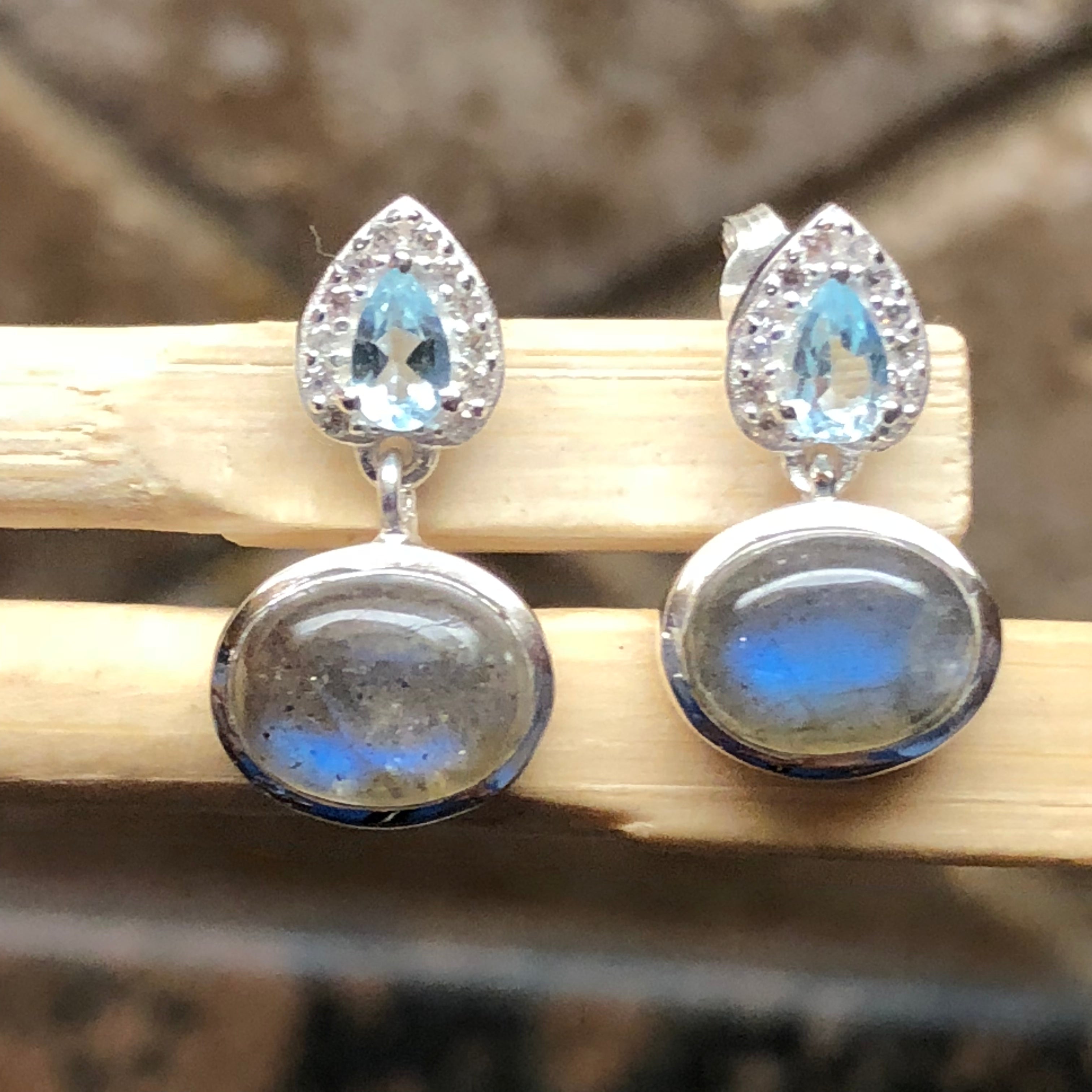 Natural Blue Labradorite, Blue Topaz 925 Solid Sterling Silver Earrings 16mm - Natural Rocks by Kala
