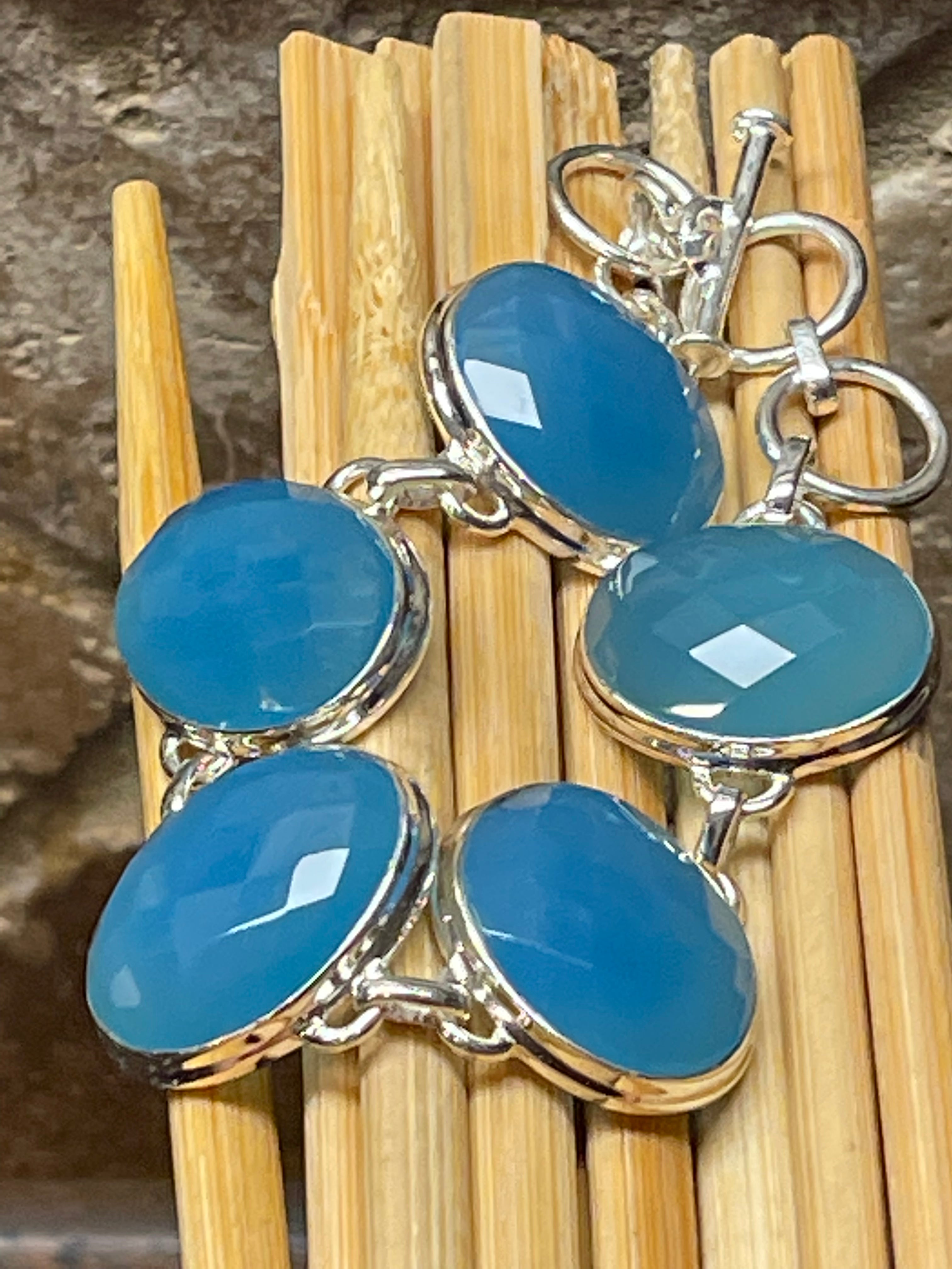 Natural Blue Chalcedony 925 Solid Sterling Silver Bracelets 7" - Natural Rocks by Kala