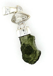 Natural Green Moldavite, Herkimer Diamond 925 Solid Sterling Silver Pendant 30mm - Natural Rocks by Kala