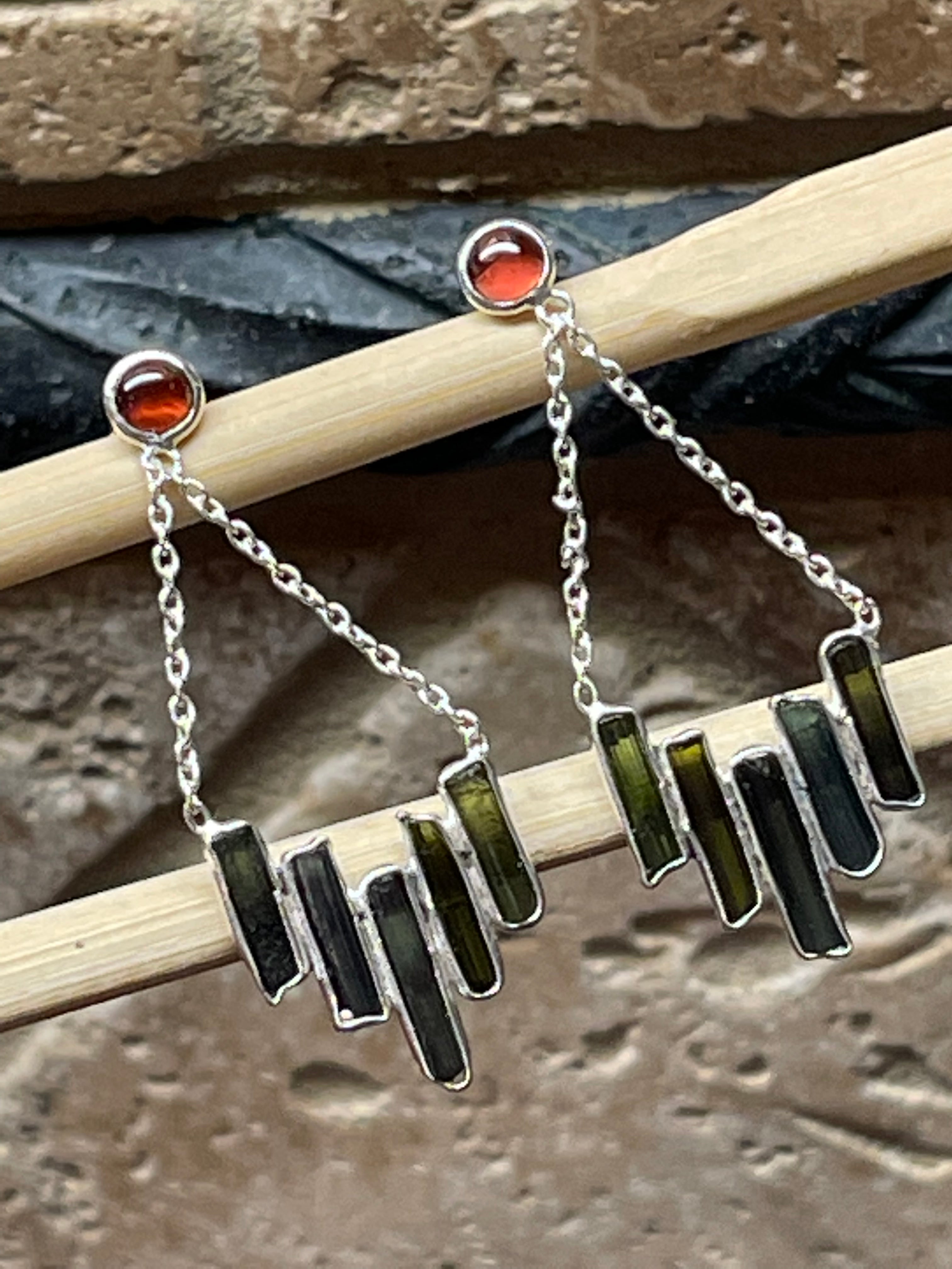 Natural Green Tourmaline 925 Solid Sterling Silver Earrings 35mm - Natural Rocks by Kala