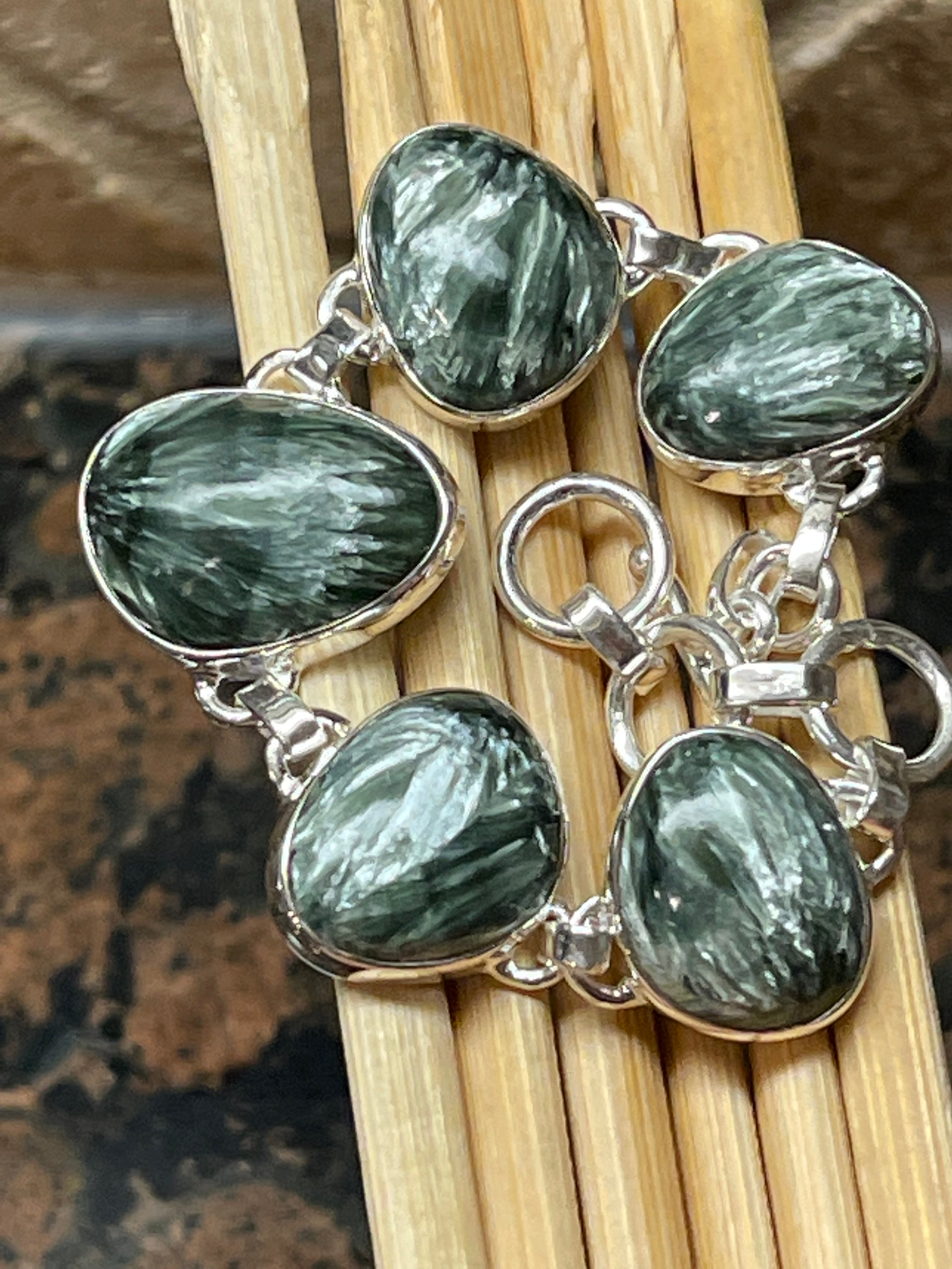 Natural Green Seraphinite 925 Solid Sterling Silver Bracelets 7" - Natural Rocks by Kala